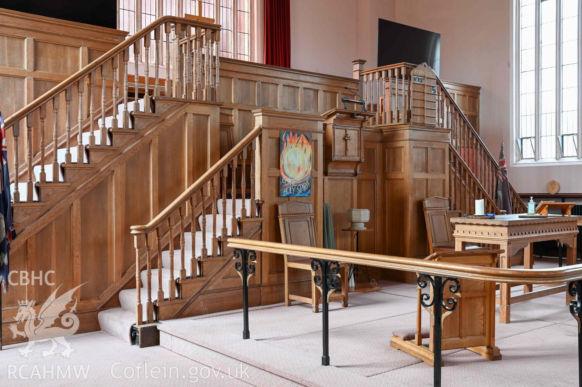 Wesleyan Methodist Chapel, sedd fawr and pulpit from the south-east