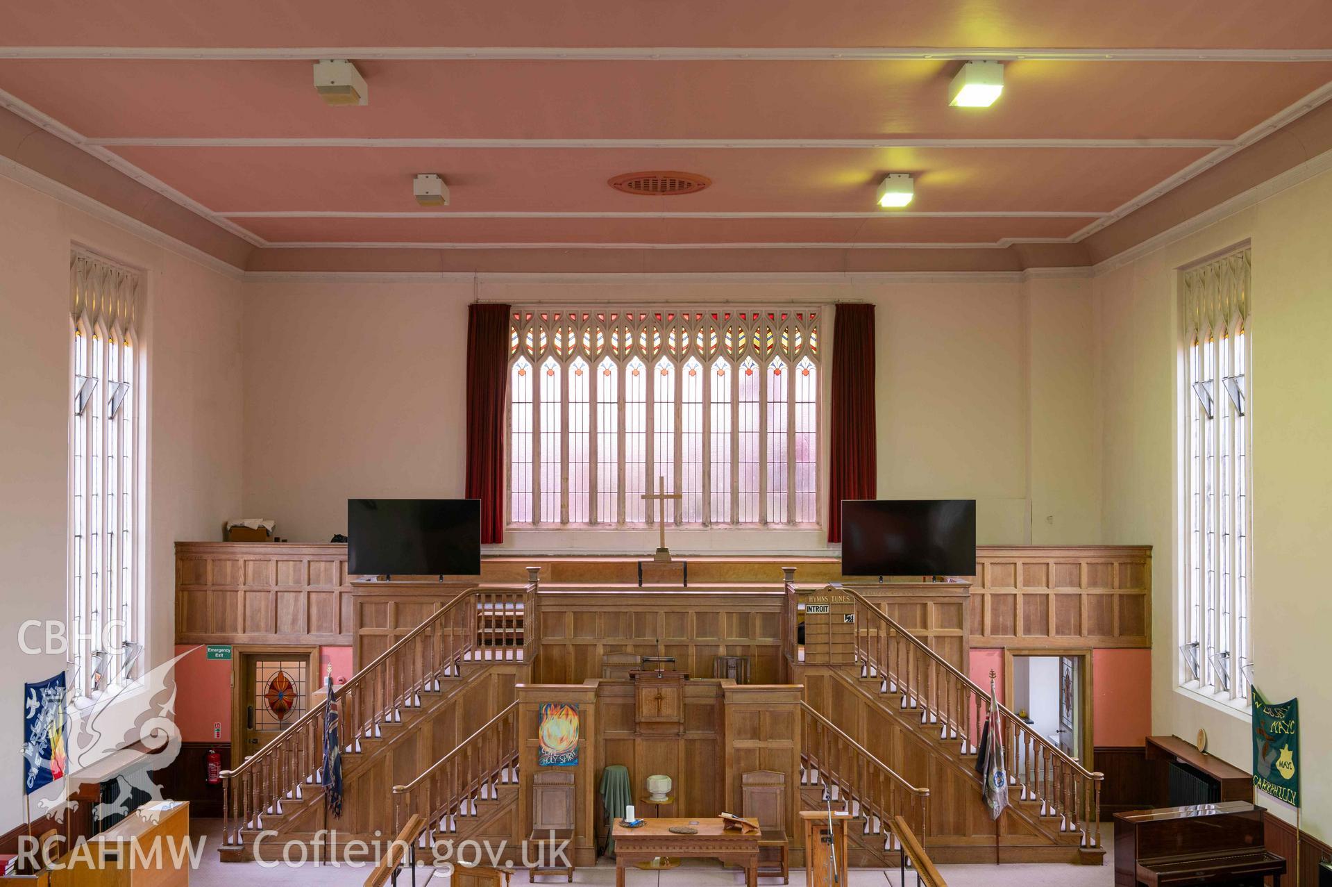 Wesleyan Methodist Chapel, west end of auditorium with sedd fawr, pulpit and choir gallery from the east