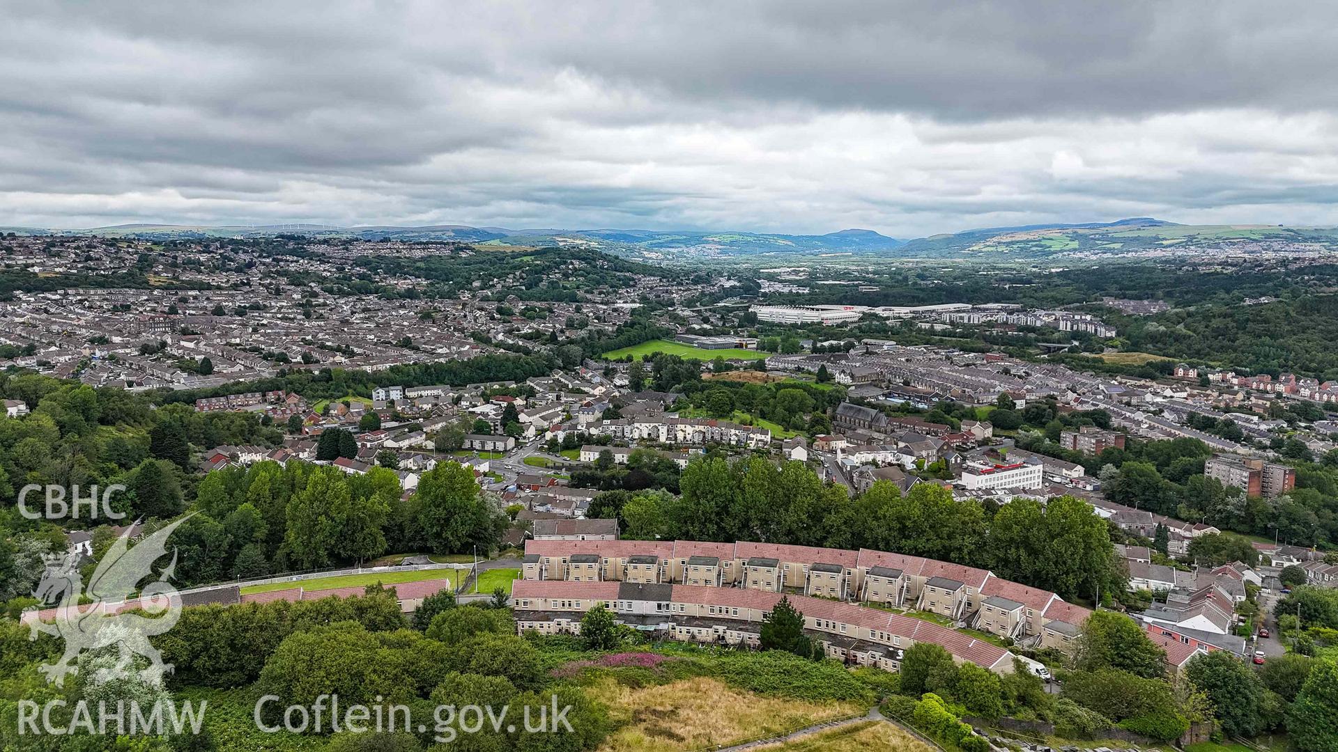 Aerial photo from Mayhill, looking north up the Swansea valley towards Landore and the Swansea City FC stadium