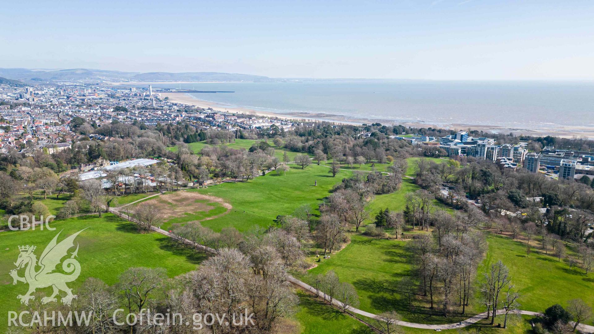 Aerial photo overlooking Singleton Park and University campus. Looking south west towards city centre and docks