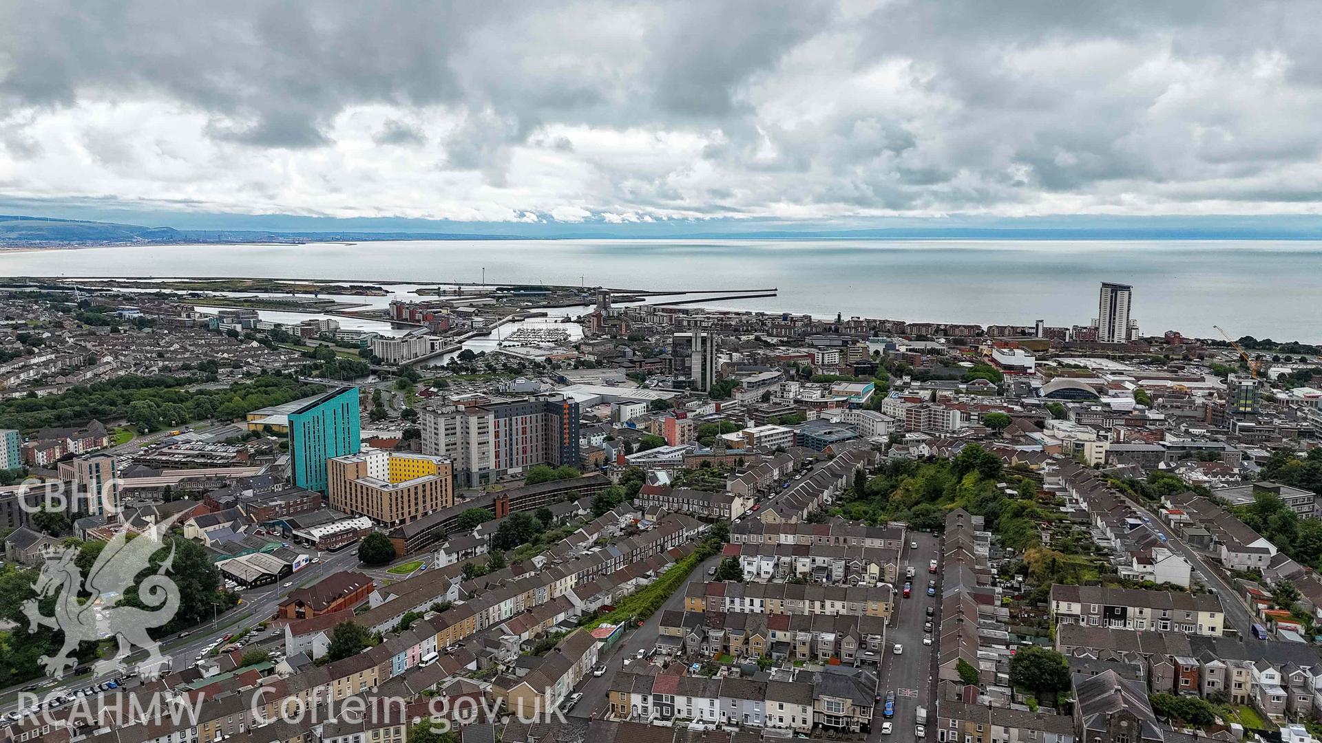 Aerial photo from Mayhill, looking south west towards Swansea marina and docks.