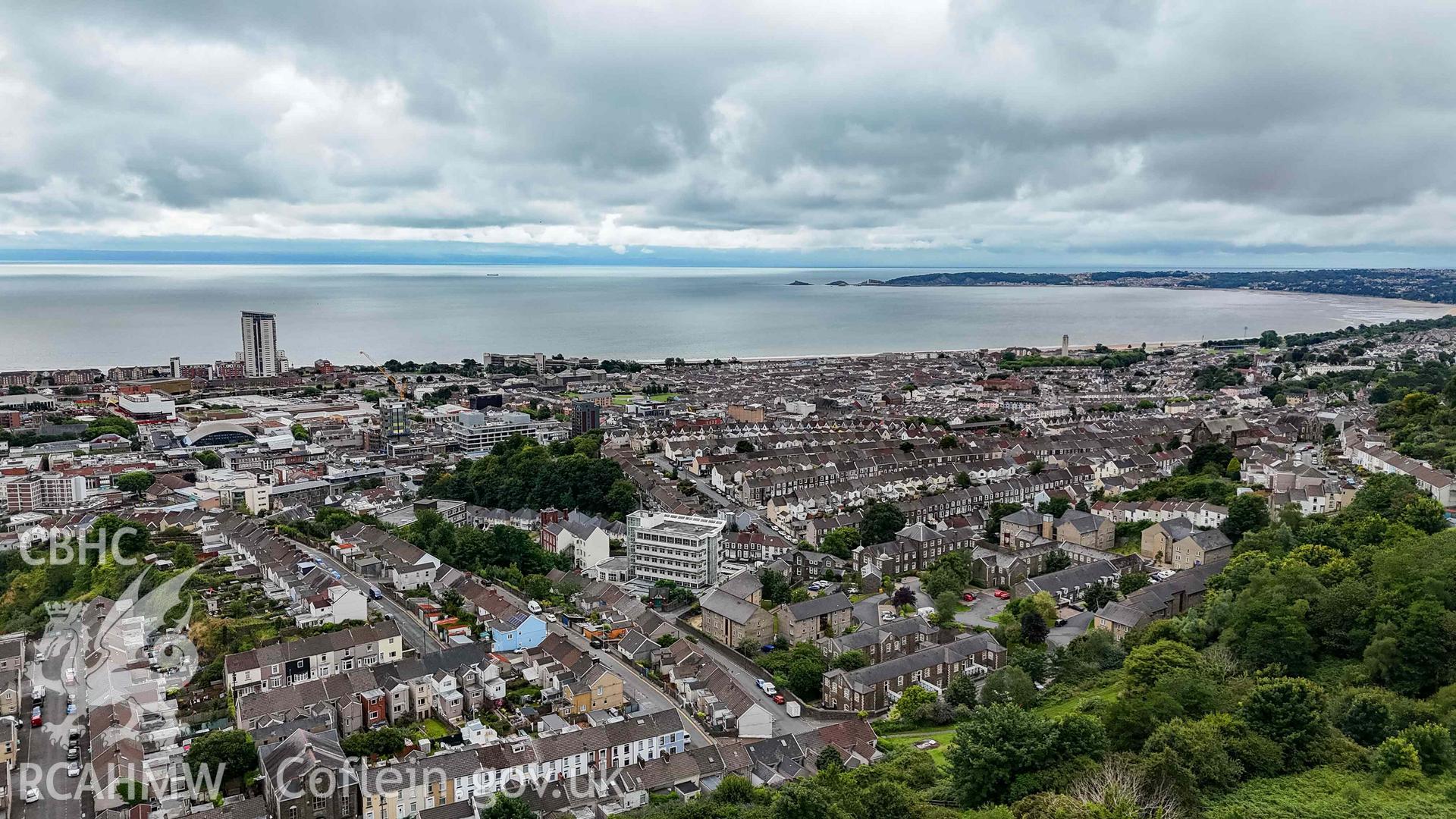 Aerial photo from Mayhill, looking south over city centre, across bay towards Mumbles.