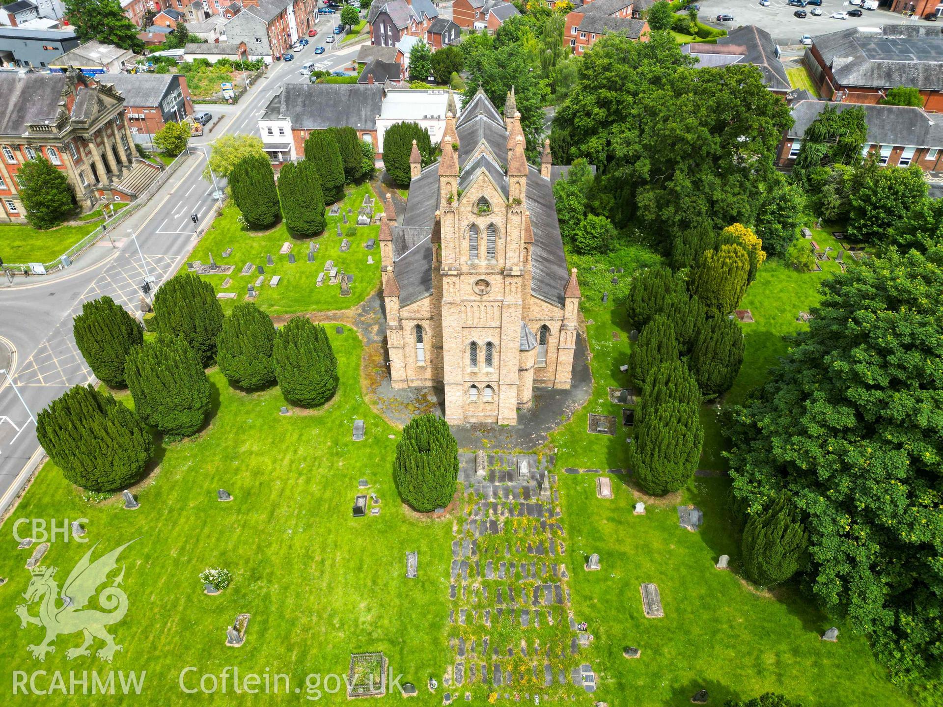 High aerial oblique of front (west) elevation of St David's Church, and church grounds