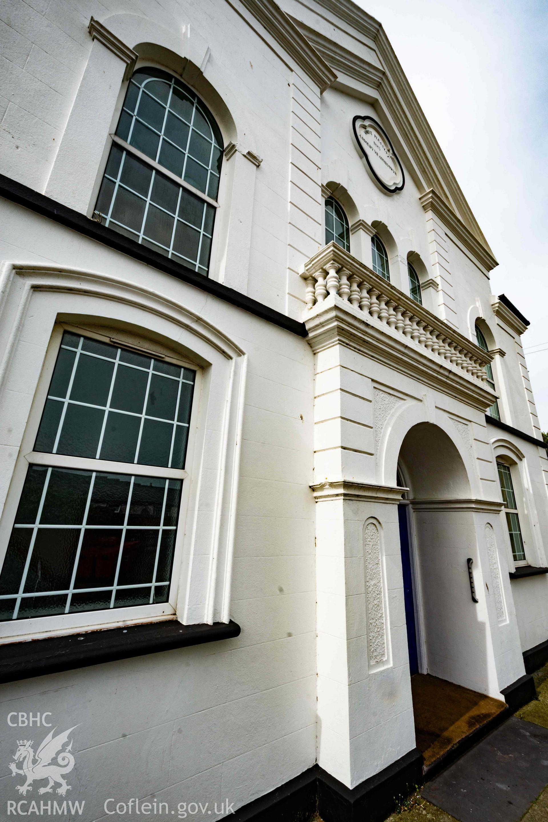 Close of front elevation, looking west. Angled features