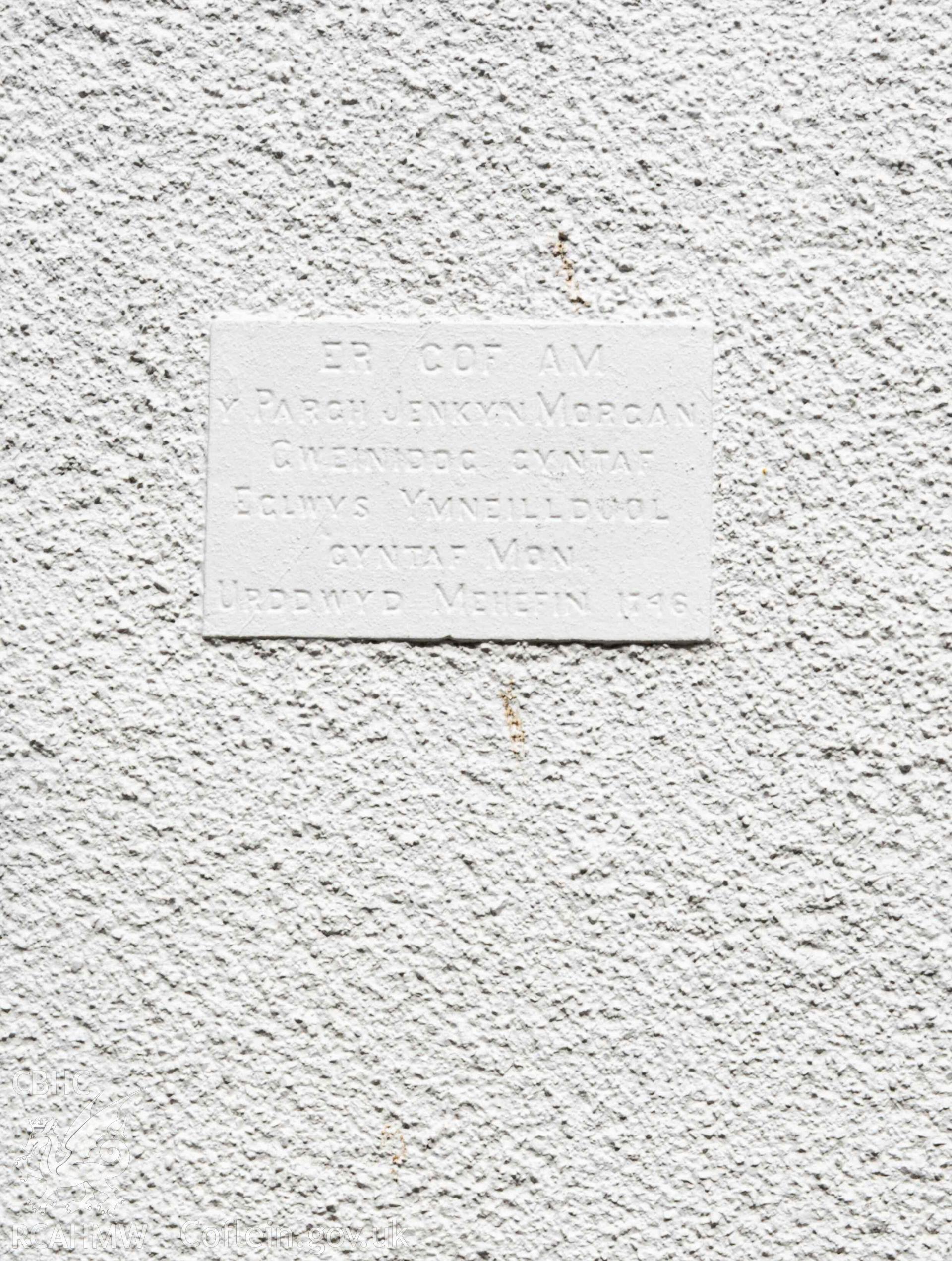 Inscribed stone on south east elevation of vestry. 'Er cof am Y Parch. Jenkyn Morgan, Gweinidog Cyntaf Eglwys Ymneillduol Cyntaf Mon urddwyd Mehefin 1746'
