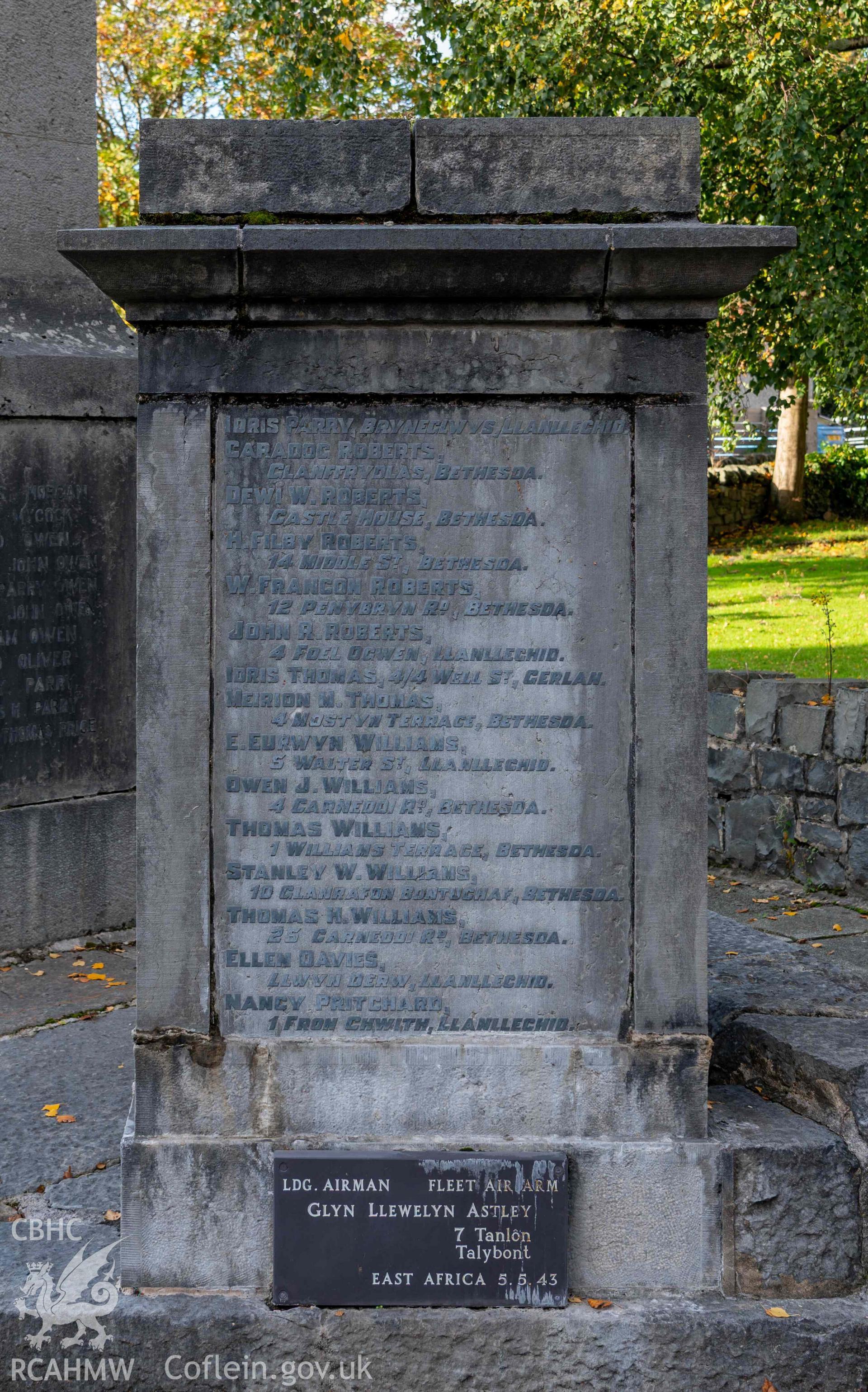 Bethesda War Memorial - Detailed view of the front panel of a plinth commemorating those who died in the Second World War, taken from South-East