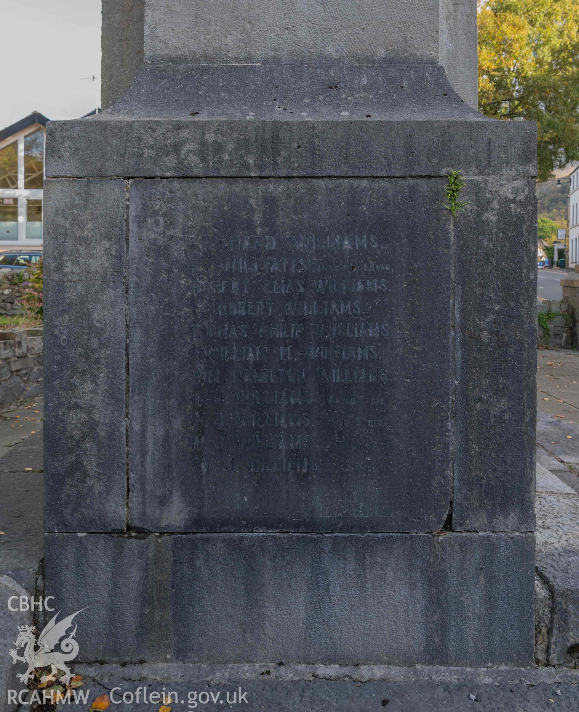 Bethesda War Memorial - Detailed view of a side panel of the plinth commemorating those who died in the First Worlrd War, taken from West