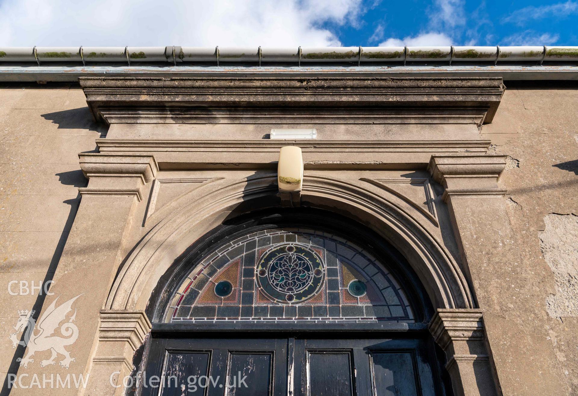 Jerusalem Chapel - Exterior: View of the upper portion of the first floor entrance to the vestry and schoolroom building, taken from North-West