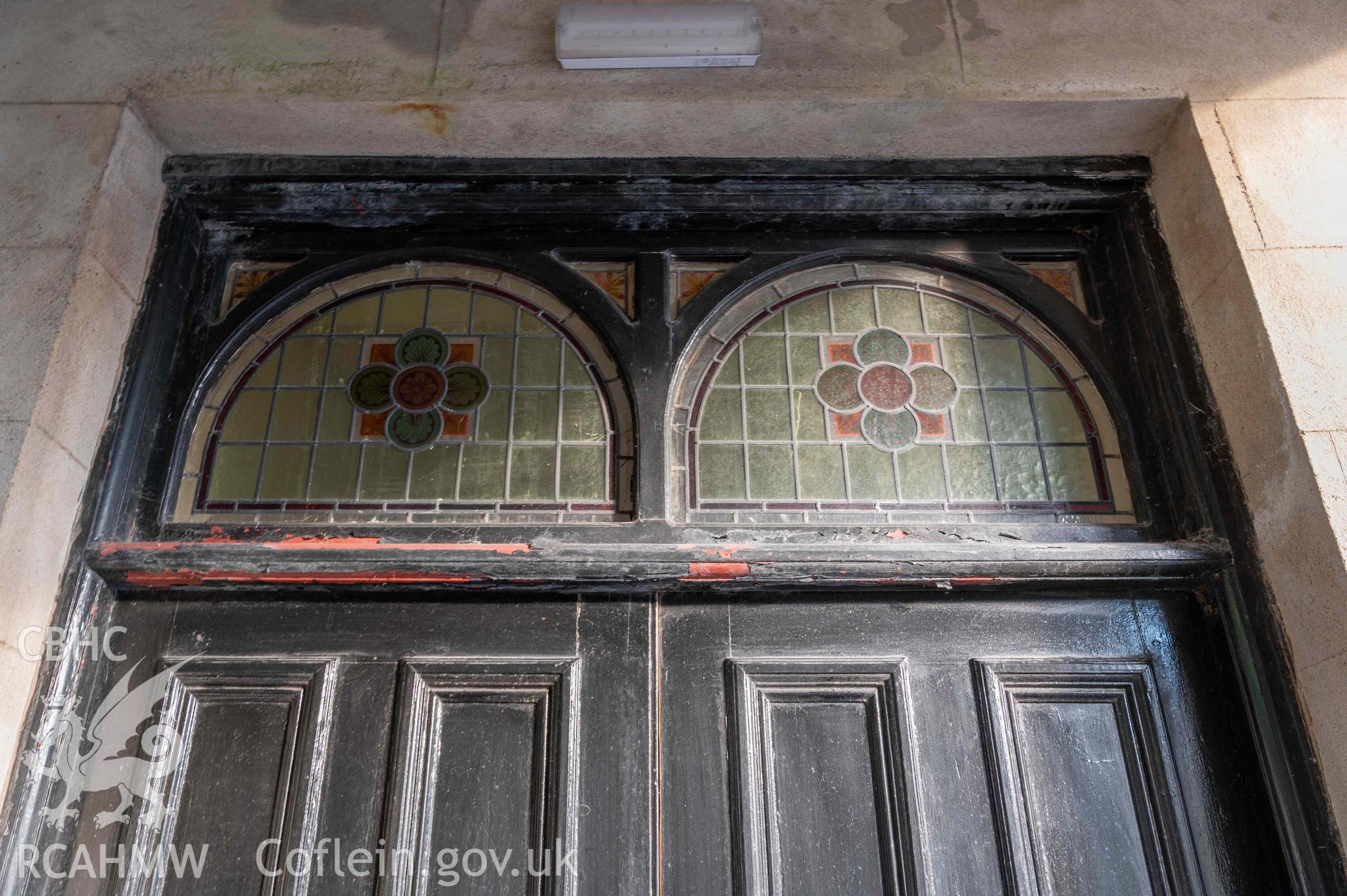 Jerusalem Chapel - Exterior: View of the upper portion of the ground floor entrance to the vestry and schoolroom building, taken from North-West