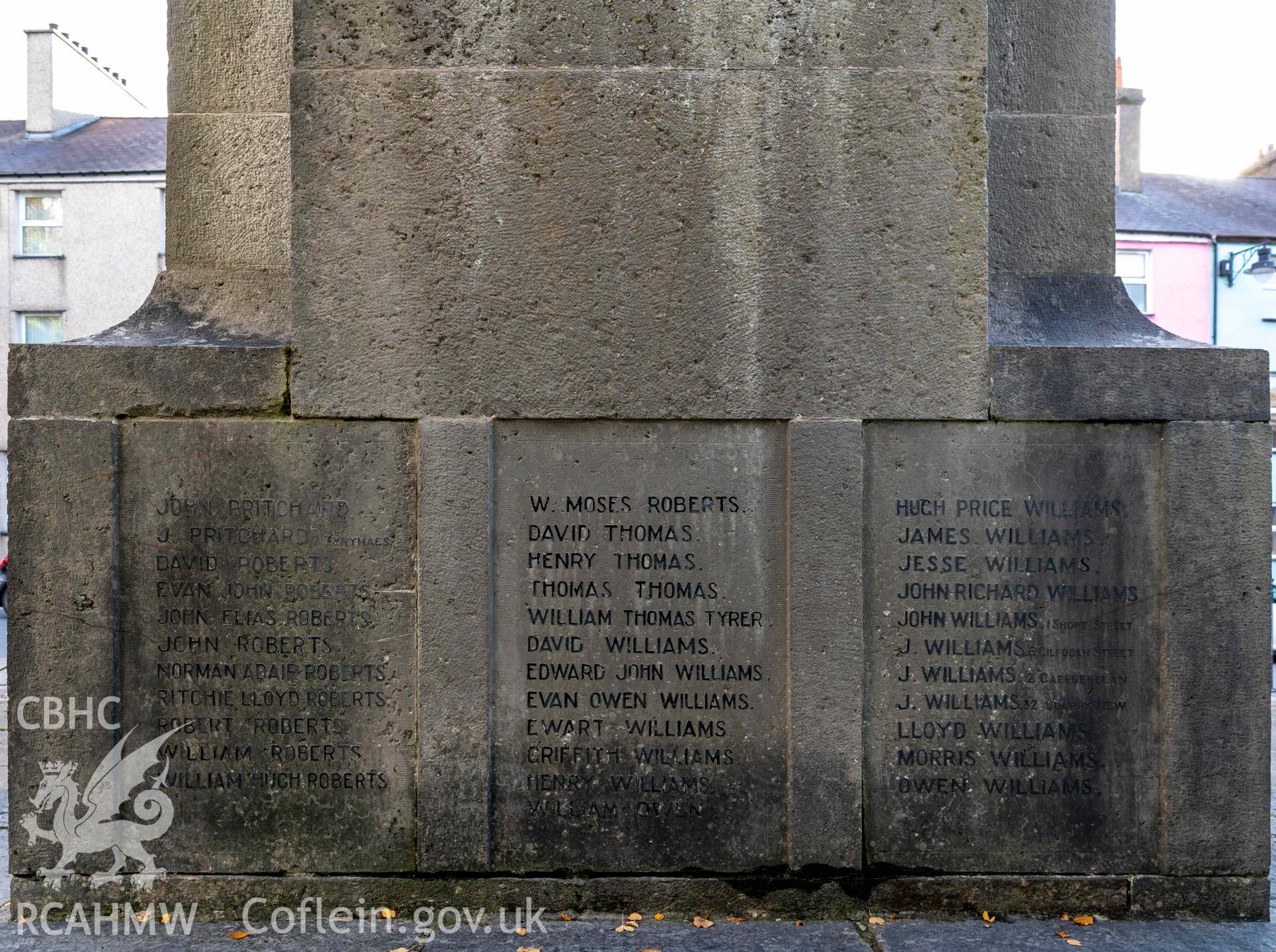 Bethesda War Memorial - Detailed view of the rear panel on the plinth commemorating those who died in the First World War, taken from North-East