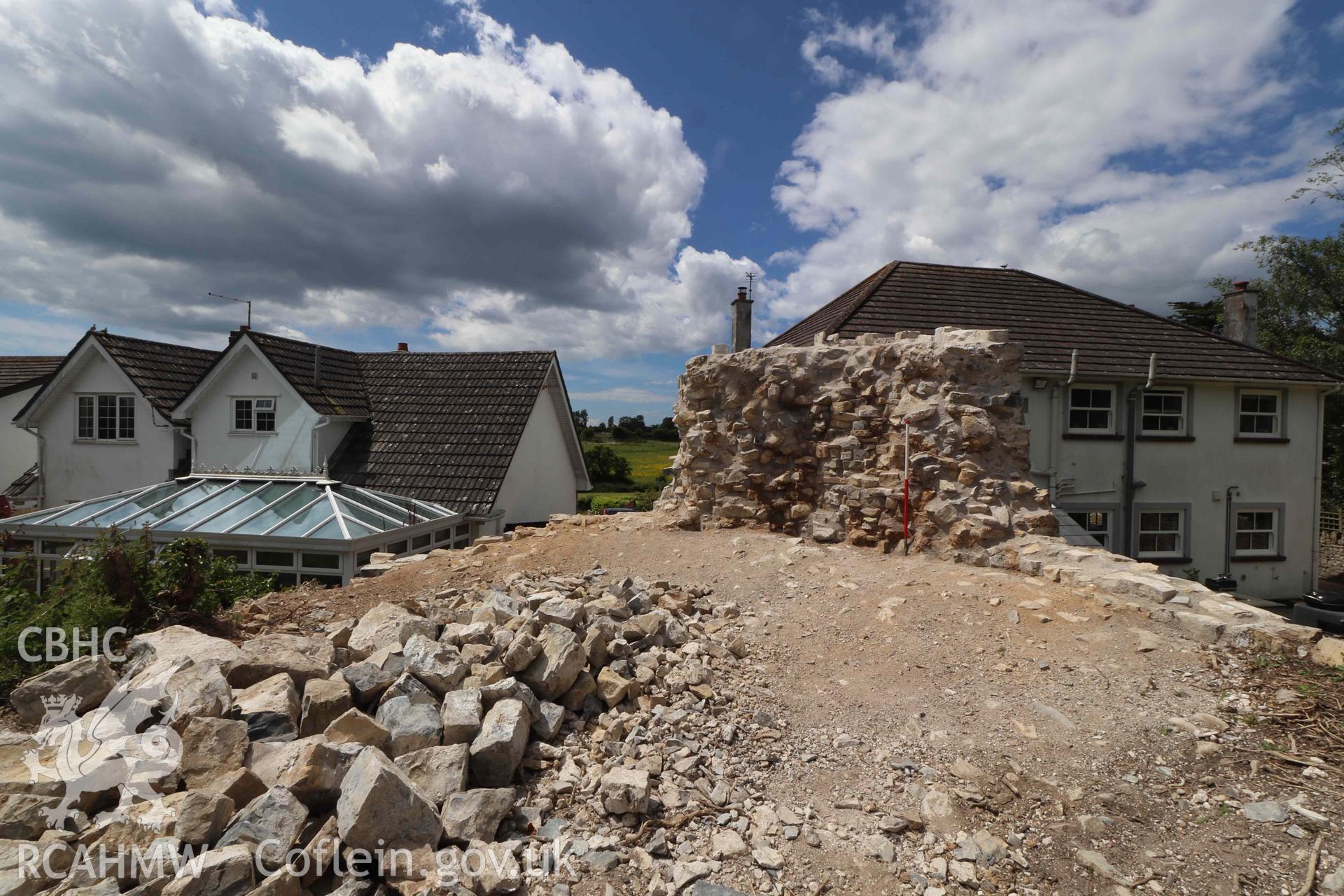 Photograph showing NE and SE facing internal elevations following dismantling of standing remains, from an Archaeological Building Investigation, Recording & Watching Brief of Melefant Castle, Llanmaes, produced by Richard Scott Jones of Heritage Recording Service Wales, June 2024.