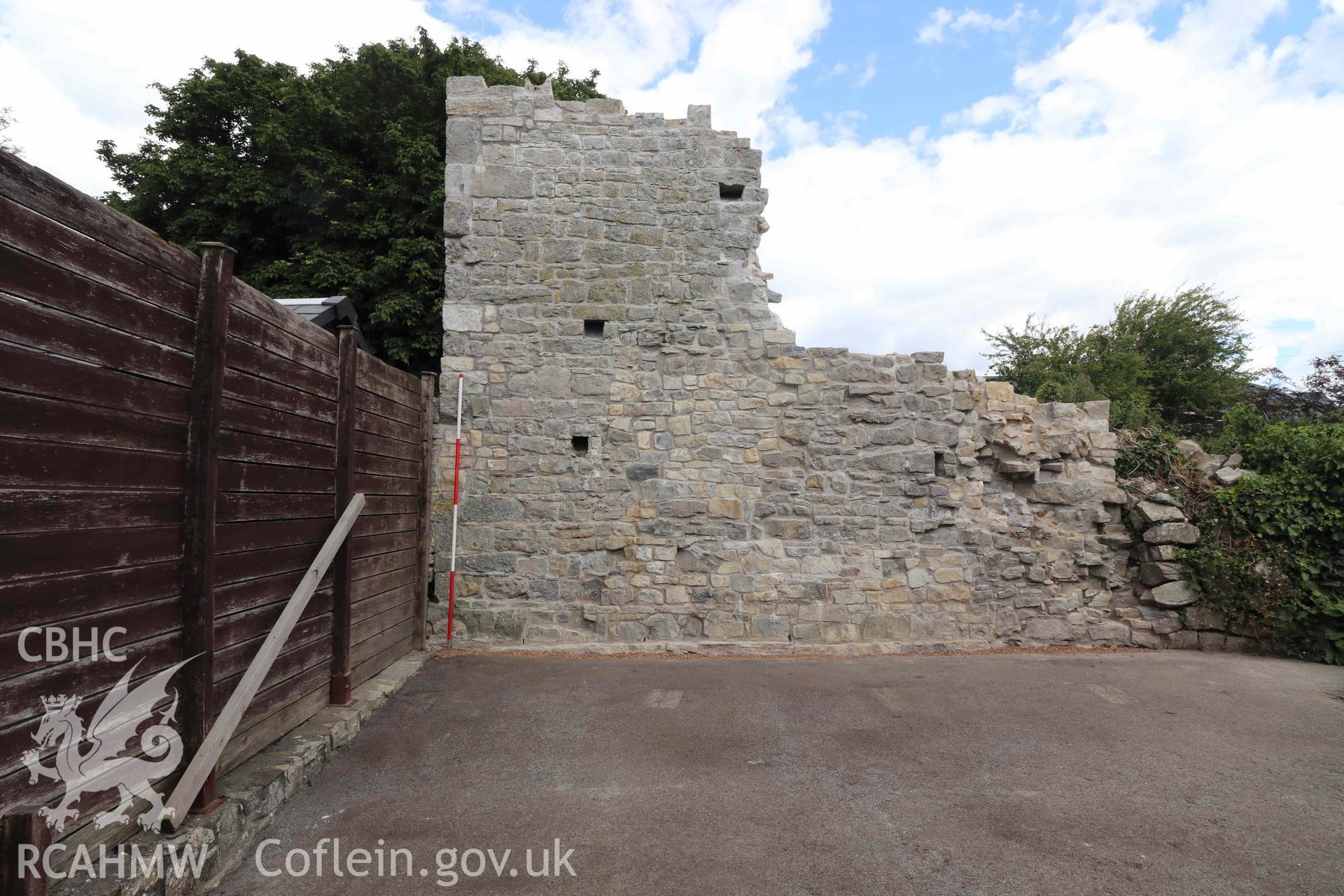Photograph showing standing remains of Malefant Castle following dismantling and consolidation, looking southeast, from an Archaeological Building Investigation, Recording & Watching Brief of Melefant Castle, Llanmaes, produced by Richard Scott Jones of Heritage Recording Service Wales, June 2024.
