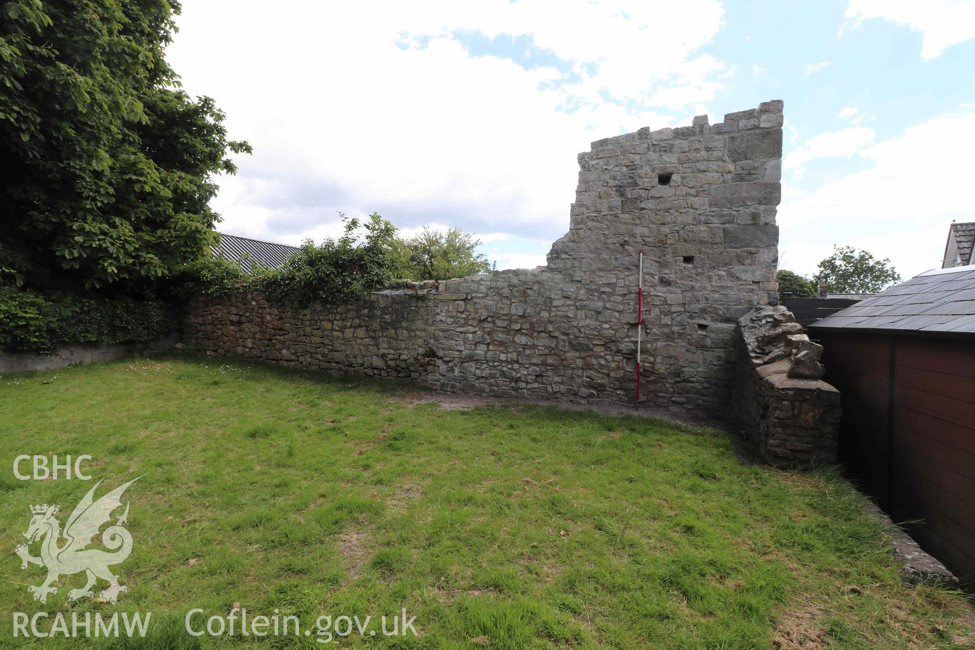 Photograph showing standing remains of Malefant Castle following dismantling and consolidation, looking southeast, from an Archaeological Building Investigation, Recording & Watching Brief of Melefant Castle, Llanmaes, produced by Richard Scott Jones of Heritage Recording Service Wales, June 2024.