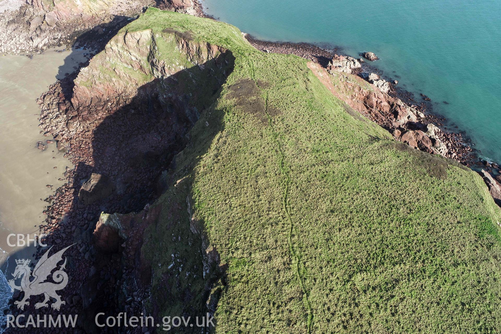 Gateholm Island. UAV image looking northeast at archaeological remains on the island.