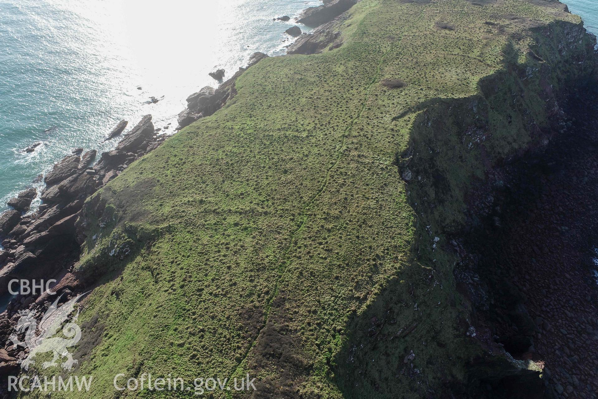 Gateholm Island. UAV image looking southwest at archaeological remains on the island.