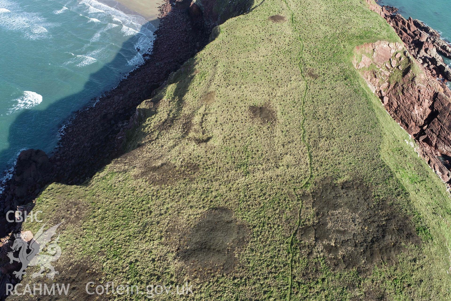 Gateholm Island. UAV image looking north at archaeological remains on the island.