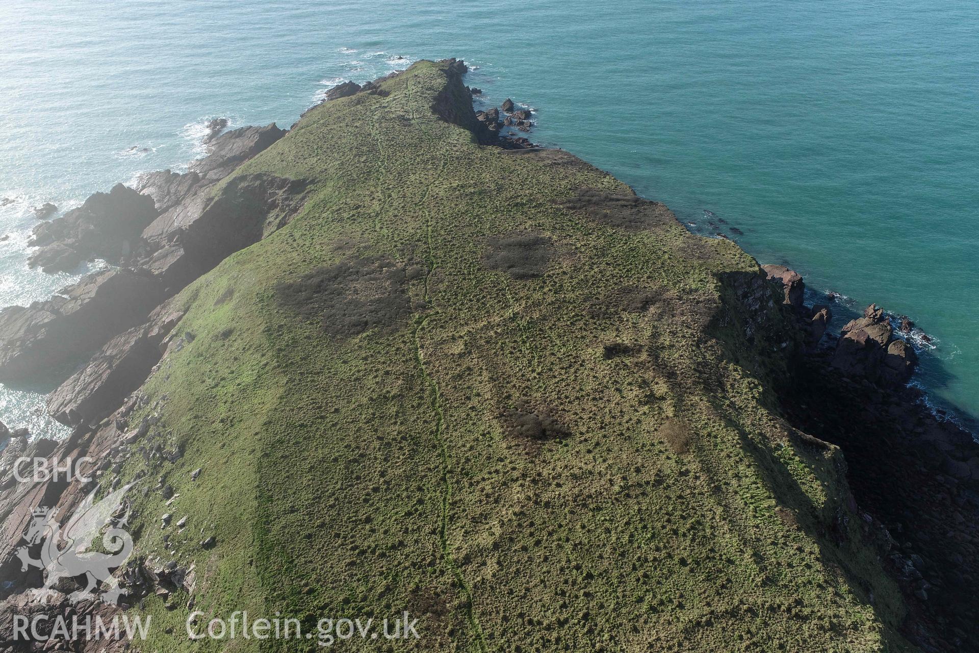 Gateholm Island. UAV image looking southwest at archaeological remains on the island.