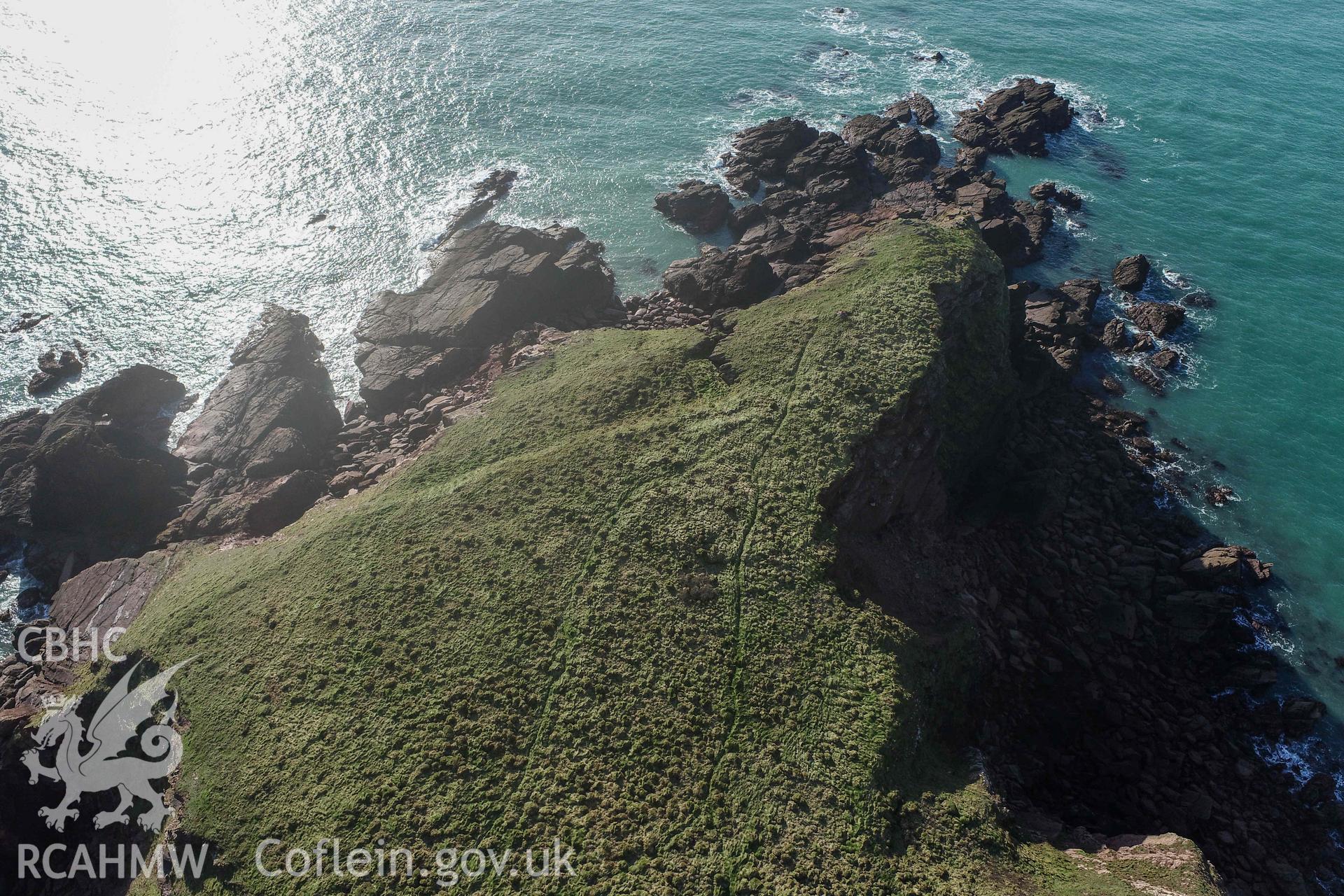 Gateholm Island. UAV image looking southwest at archaeological remains on the island.