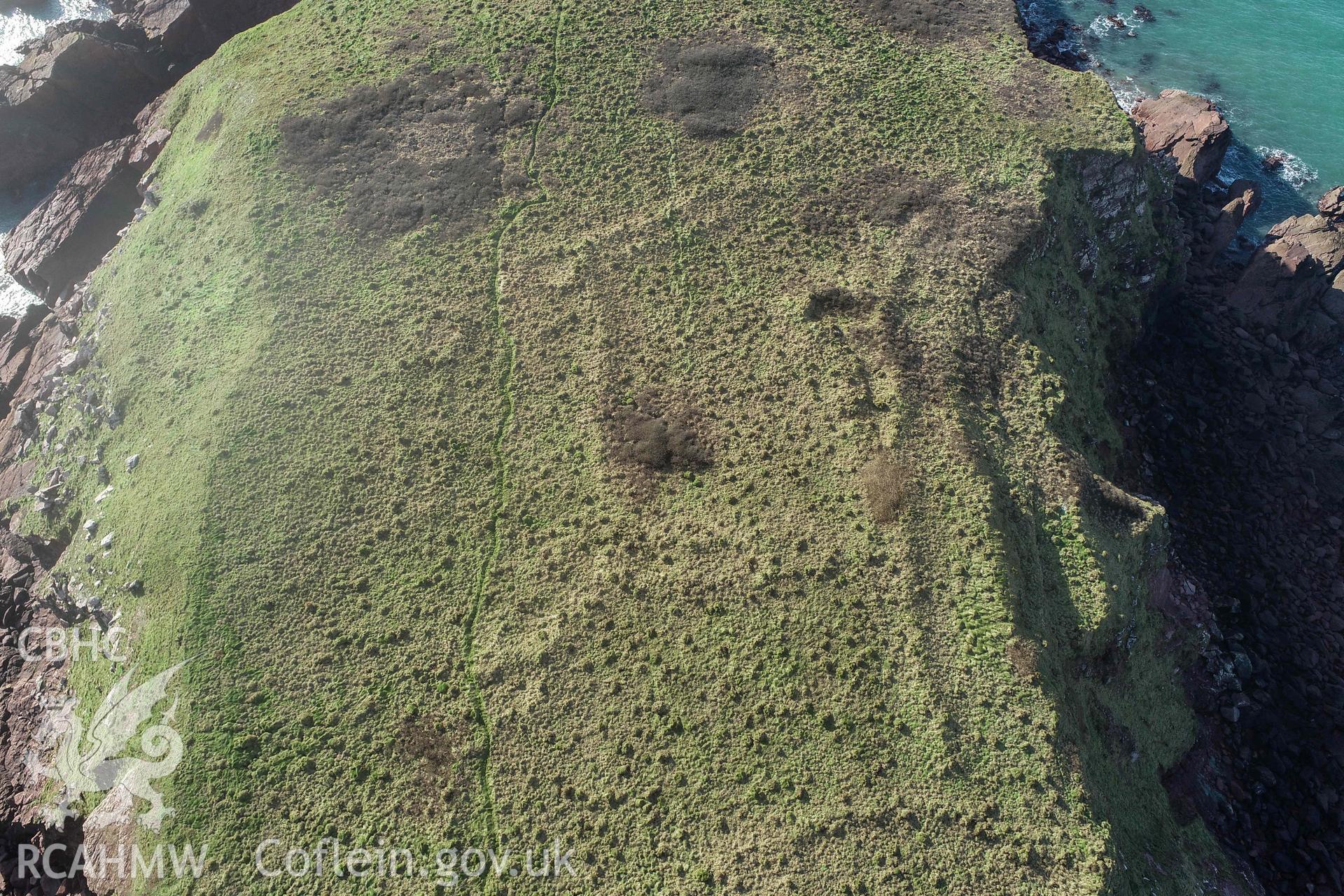 Gateholm Island. UAV image looking southwest at archaeological remains on the island.