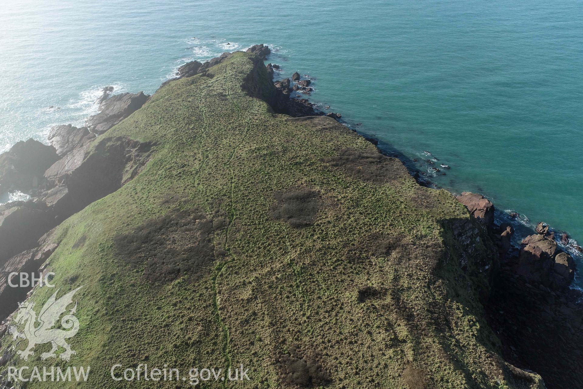 Gateholm Island. UAV image looking southwest at archaeological remains on the island.