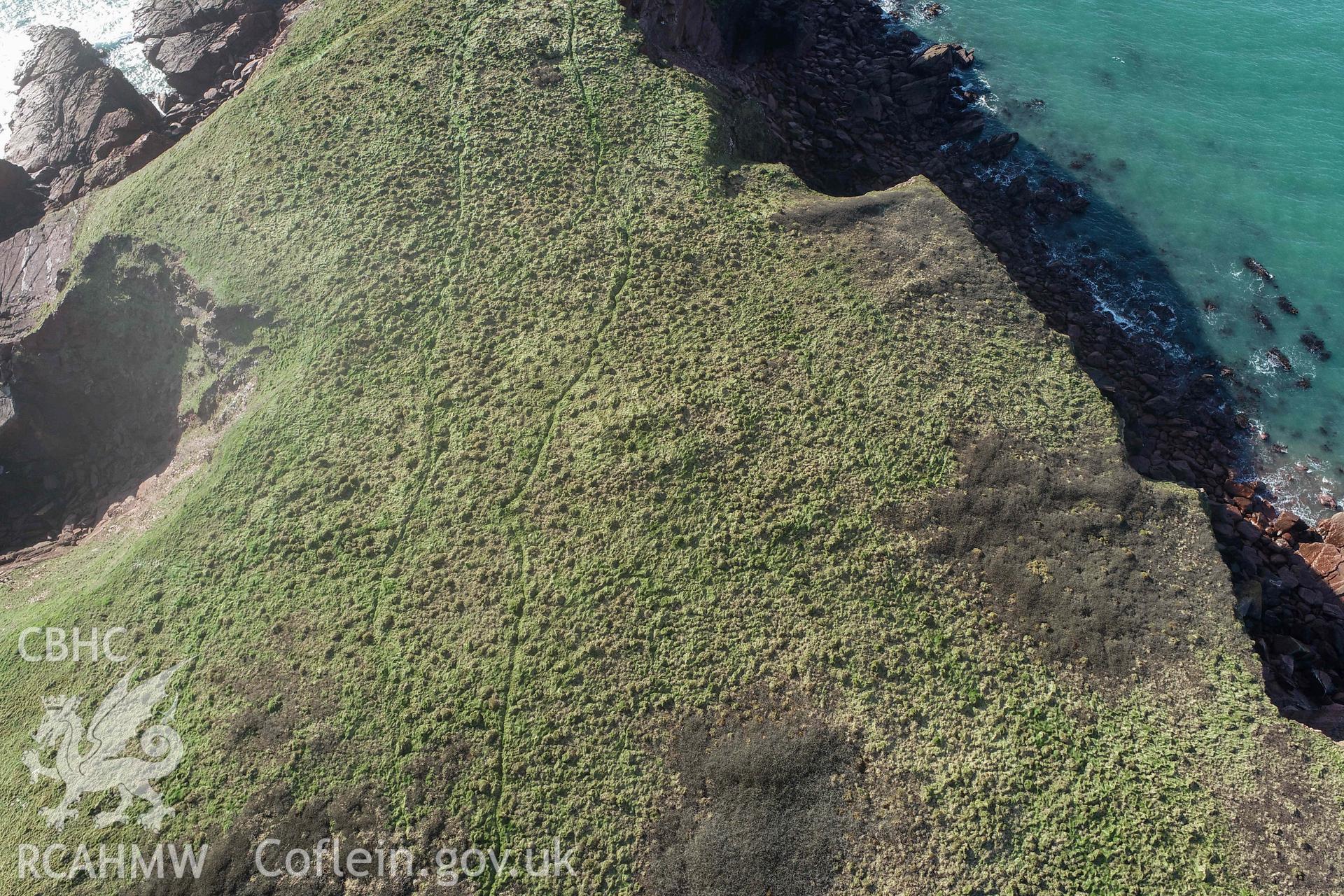 Gateholm Island. UAV image looking southwest at archaeological remains on the island.