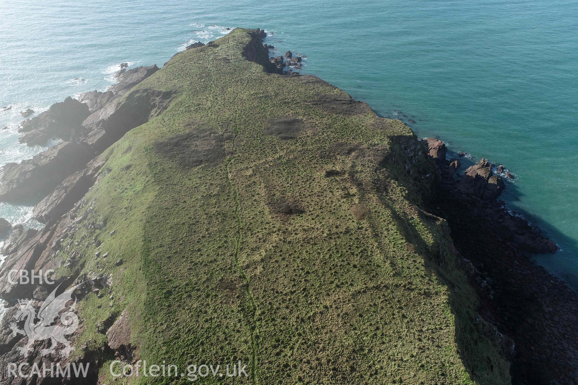 Gateholm Island. UAV image looking southwest at archaeological remains on the island.