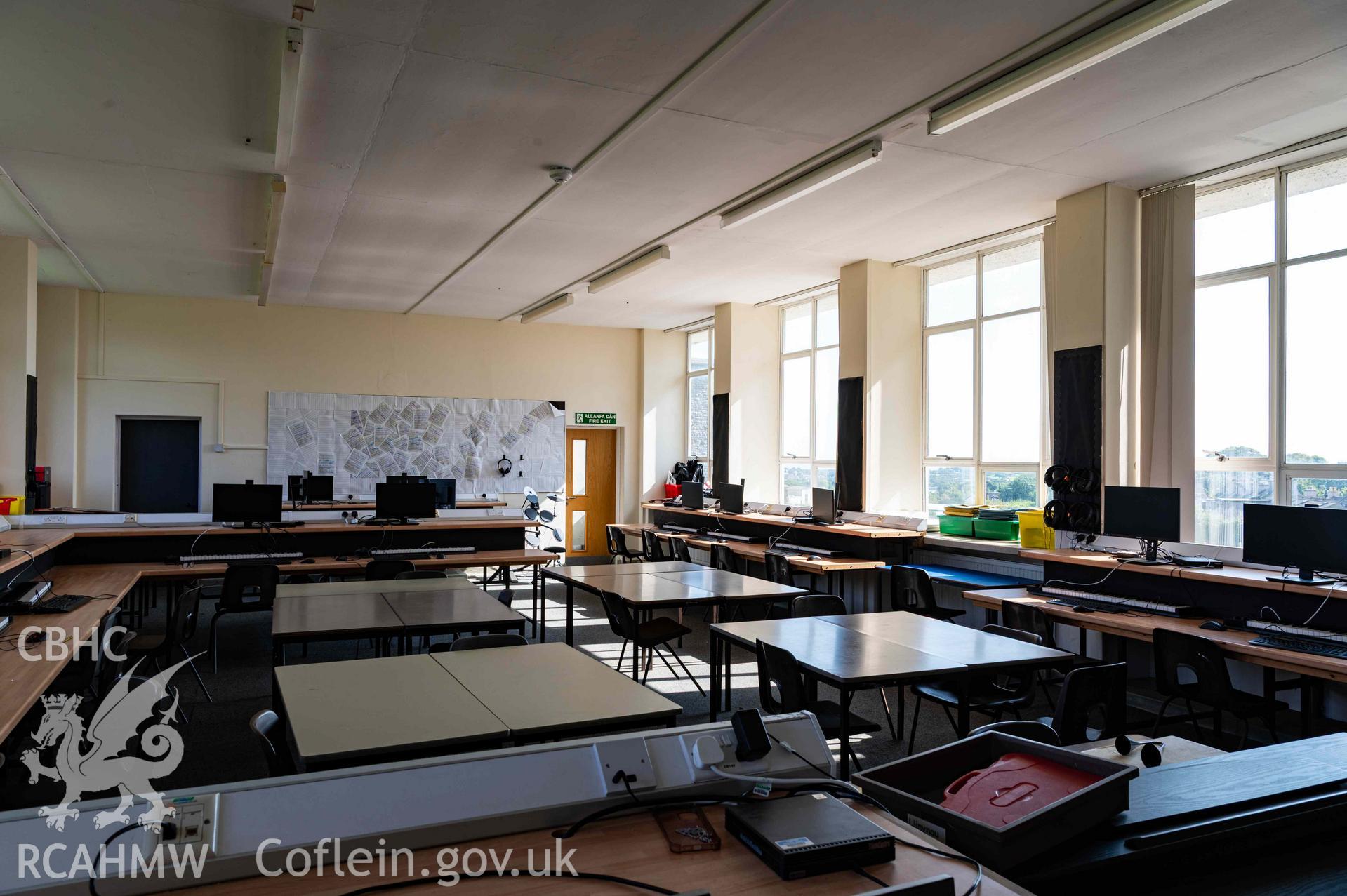 Music classroom, south end of south range, first floor. Large east windows to left