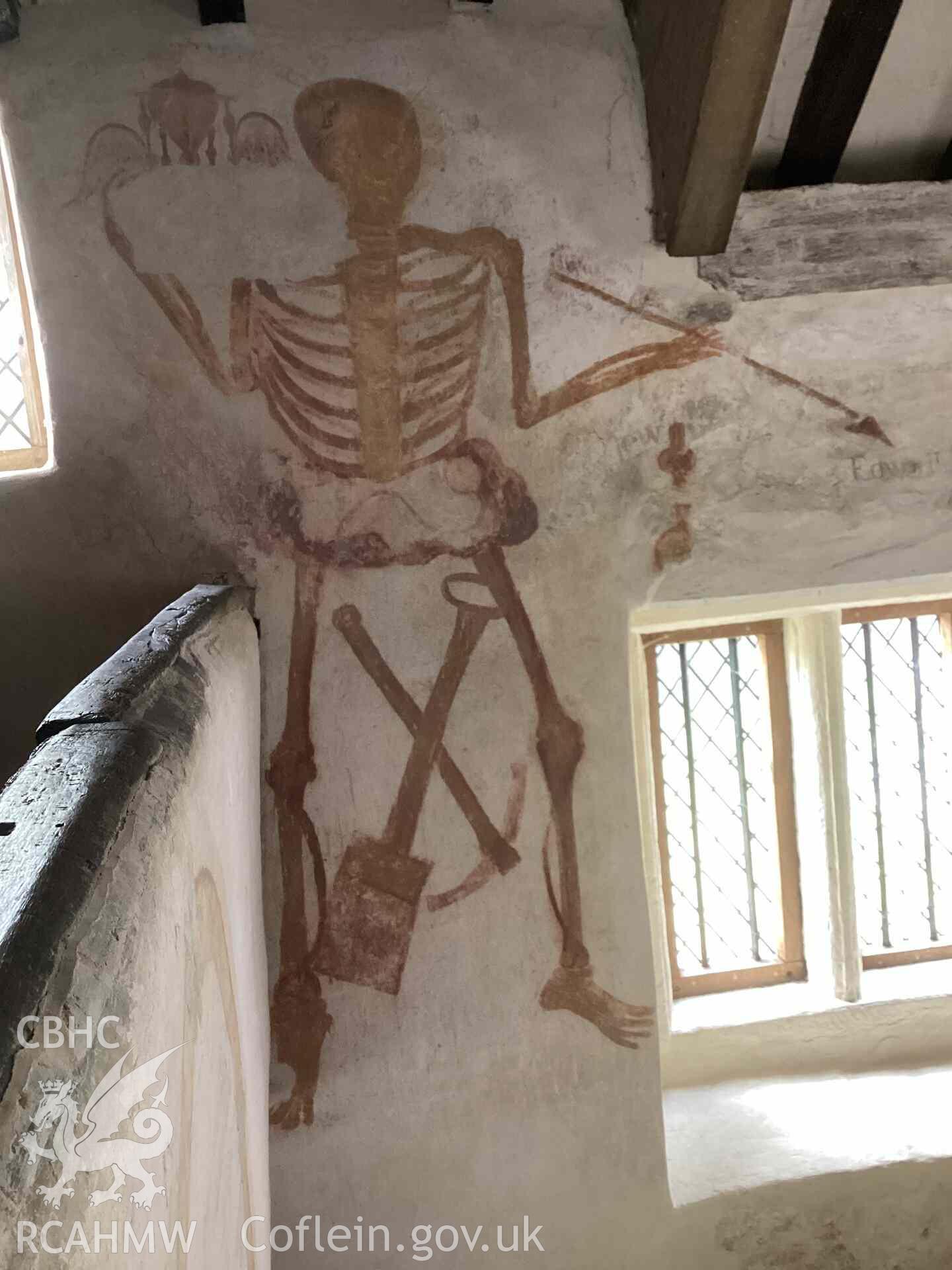 Digital photograph showing eighteenth-century Memento Mori at Llangar Church. Photographed by Nicola Roberts of RCAHMW, 27 July 2025.