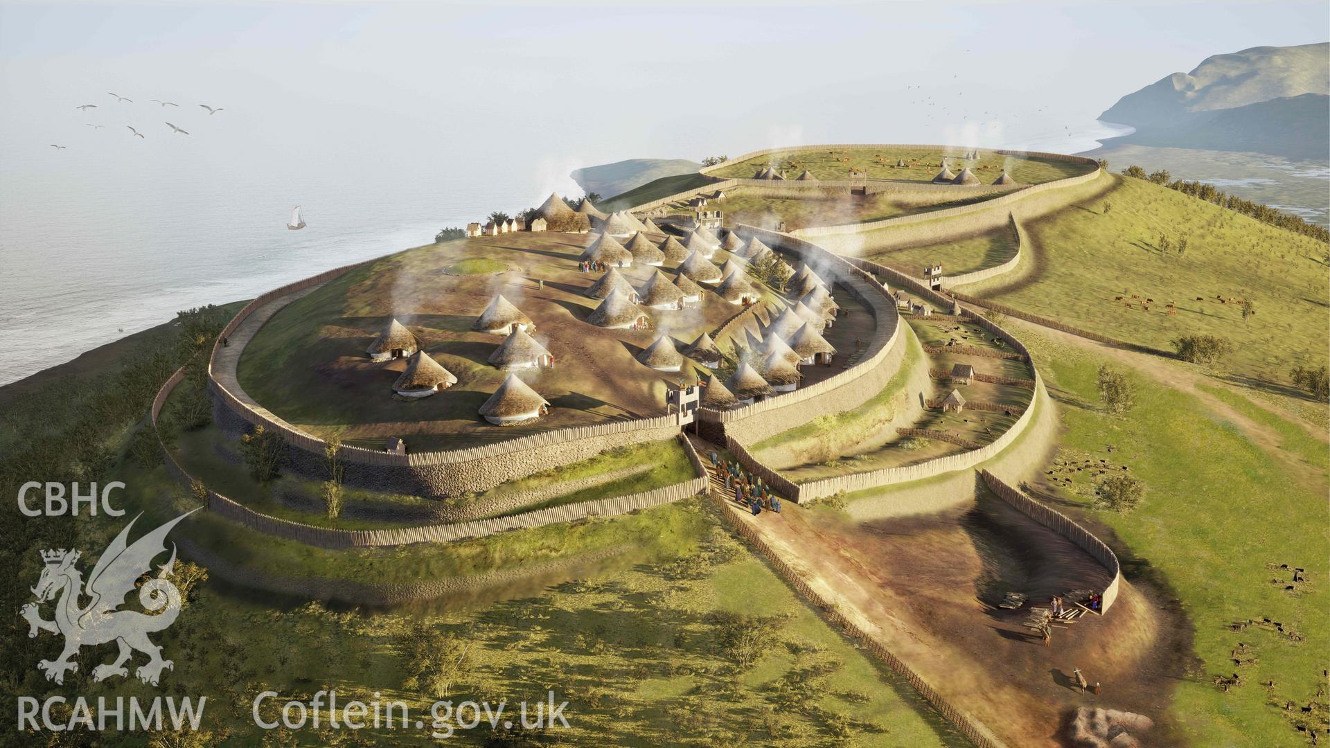 Digital reconstruction showing Pendinas hillfort circa 200BC by Will Foster of Wessex Archaeology, based on the results of recent excavation and geophysical survey evidence. Commissioned by the Royal Commission for the National Heritage Lottery-funded Pendinas Hillfort Project in 2024.