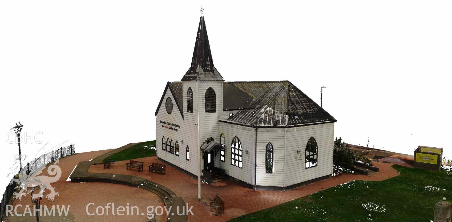 Photograph showing side elevation of the Norwegian Church in Cardiff, taken as part of a terrestrial laser scanning survey conducted by RCAHMW investigators on 3 March 2024