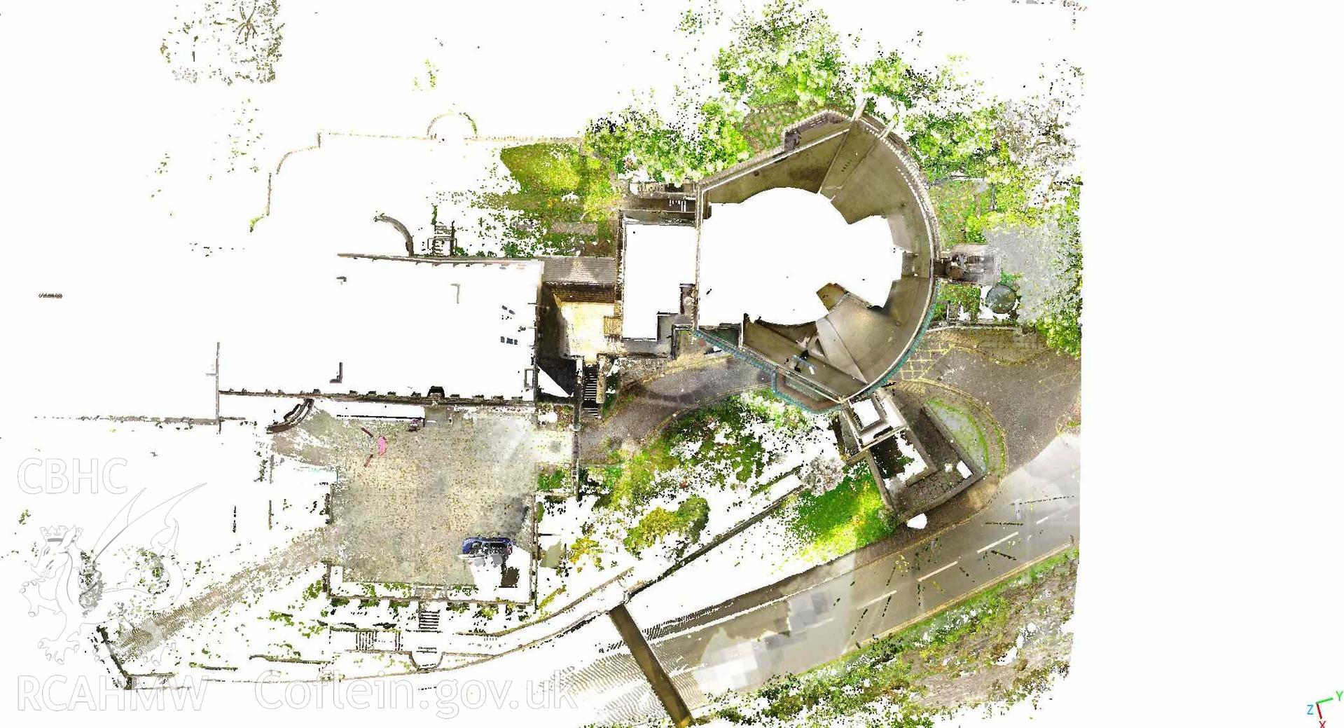 View looking straight down at Theatr Ardudwy, Harlech, produced as part of a terrestrial laser scanning survey conducted by RCAHMW investigators on 19 June 2024