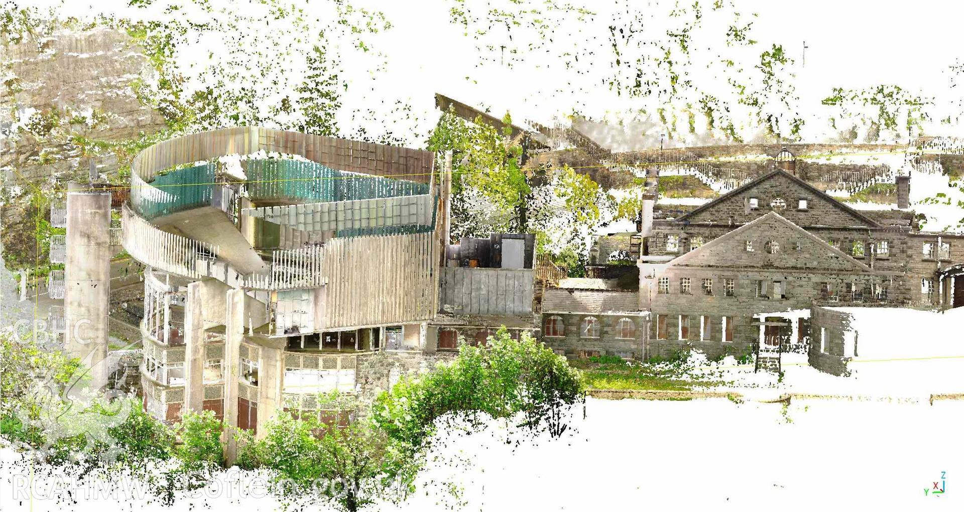 Aerial view showing rear elevation of Theatr Ardudwy, Harlech, produced as part of a terrestrial laser scanning survey conducted by RCAHMW investigators on 19 June 2024