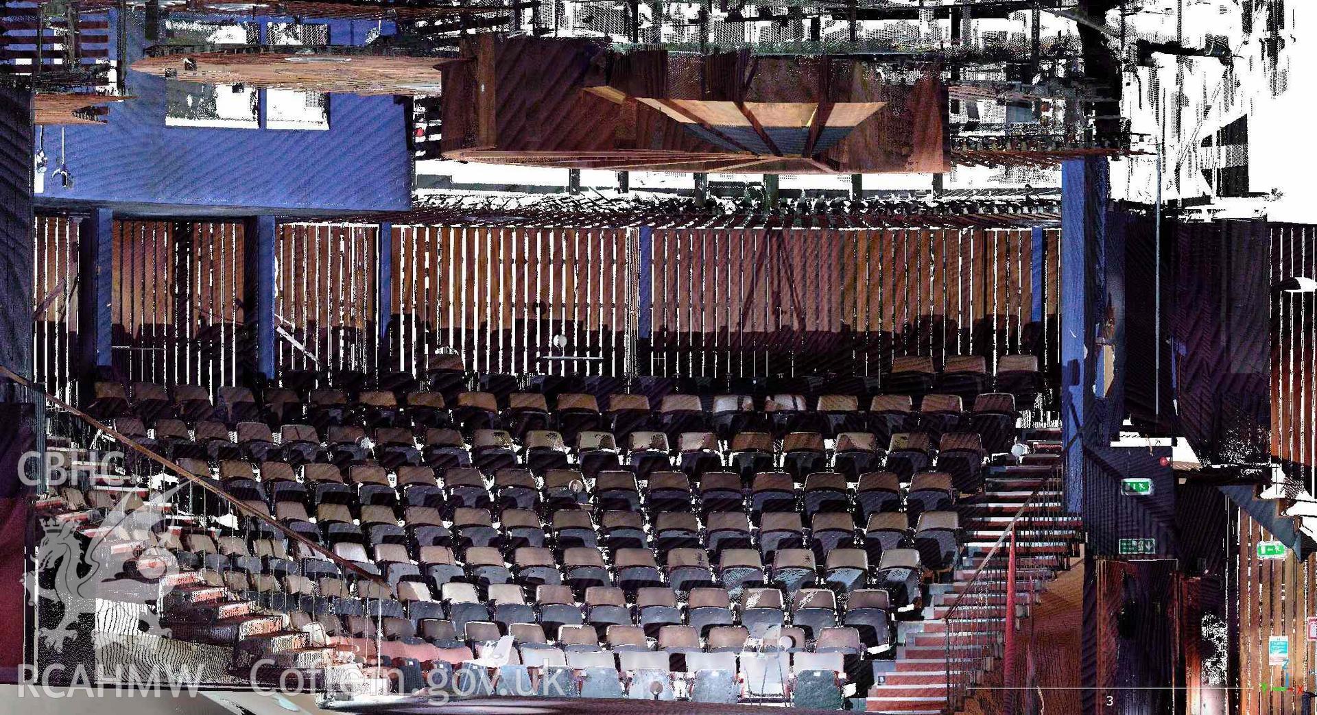 Interior view of auditorium at Theatr Ardudwy, Harlech, produced as part of a terrestrial laser scanning survey conducted by RCAHMW investigators on 19 June 2024