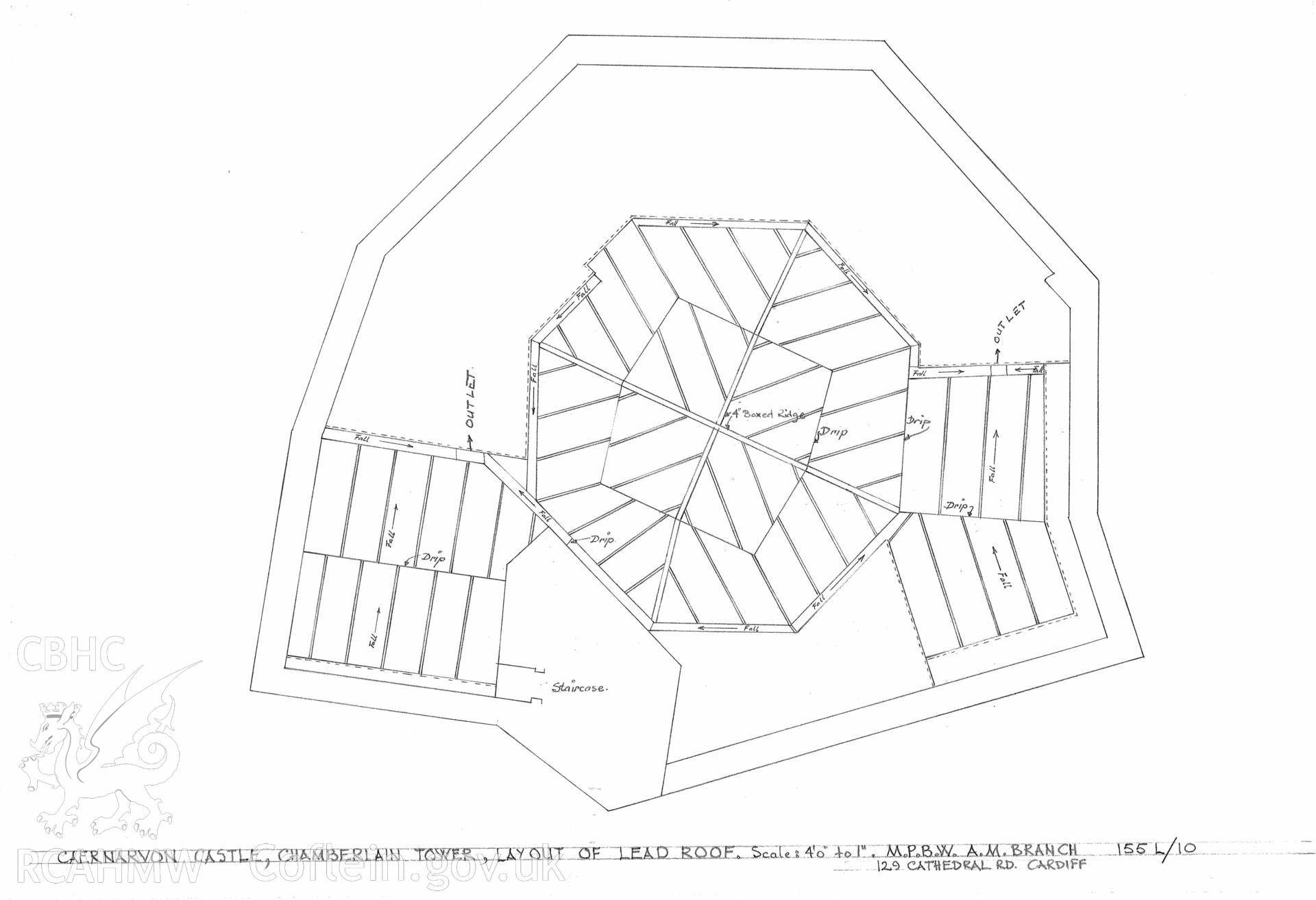 Cadw guardianship monument drawing of Caernarfon Castle. T8, Layout of leadwork (traced). Scale 1:48. Digital copy on Cadw CD Caernarfon 2. Cadw ref. 155L/10.