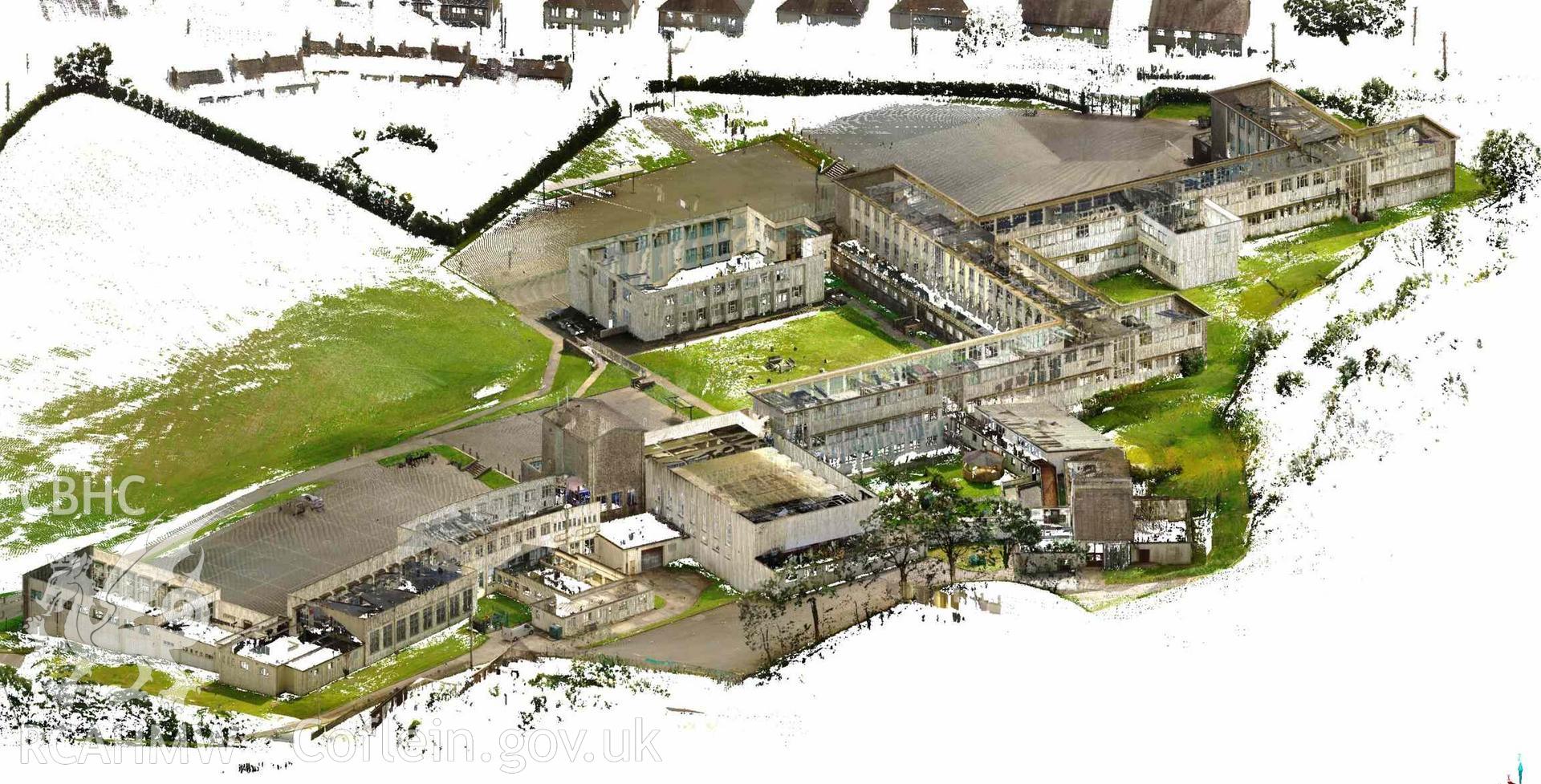 Birds eye view showing rear elevation, produced as part of a terrestrial laser scanning survey of Ysgol Syr Thomas Jones, conducted by RCAHMW investigators, 30 July 2024