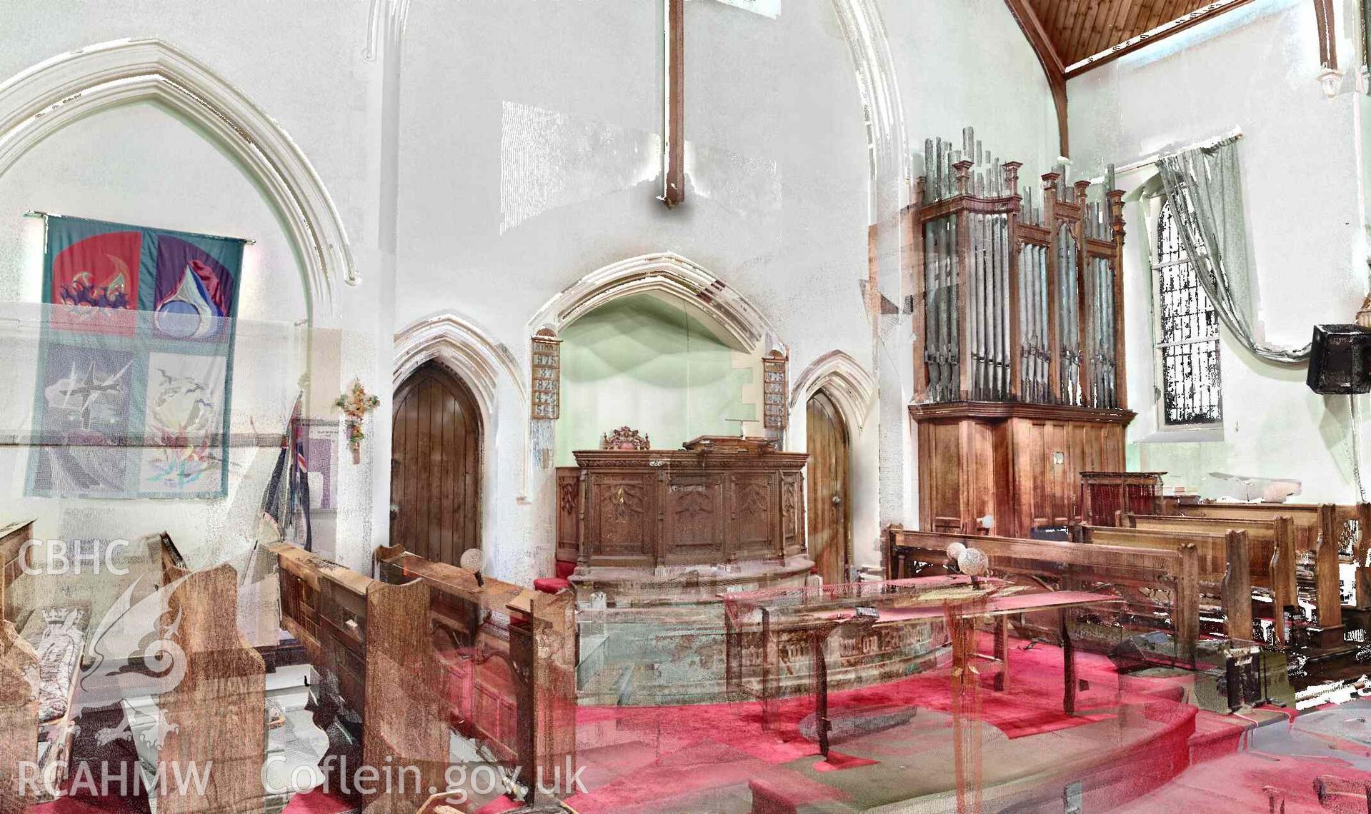 Interior, looking towards organ at Hope English Baptist Chapel, Bridgend. Produced as part of a terrestrial laser scanning survey conducted by RCAHMW investigators, 16 October 2024
