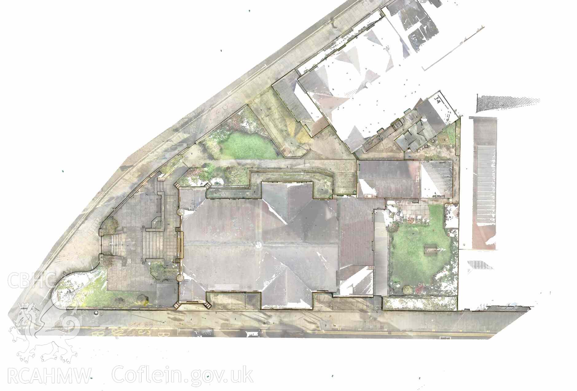 Illustration showing vertical view down of Hope English Baptist Chapel, Bridgend. Produced as part of a terrestrial laser scanning survey conducted by RCAHMW investigators, 16 October 2024