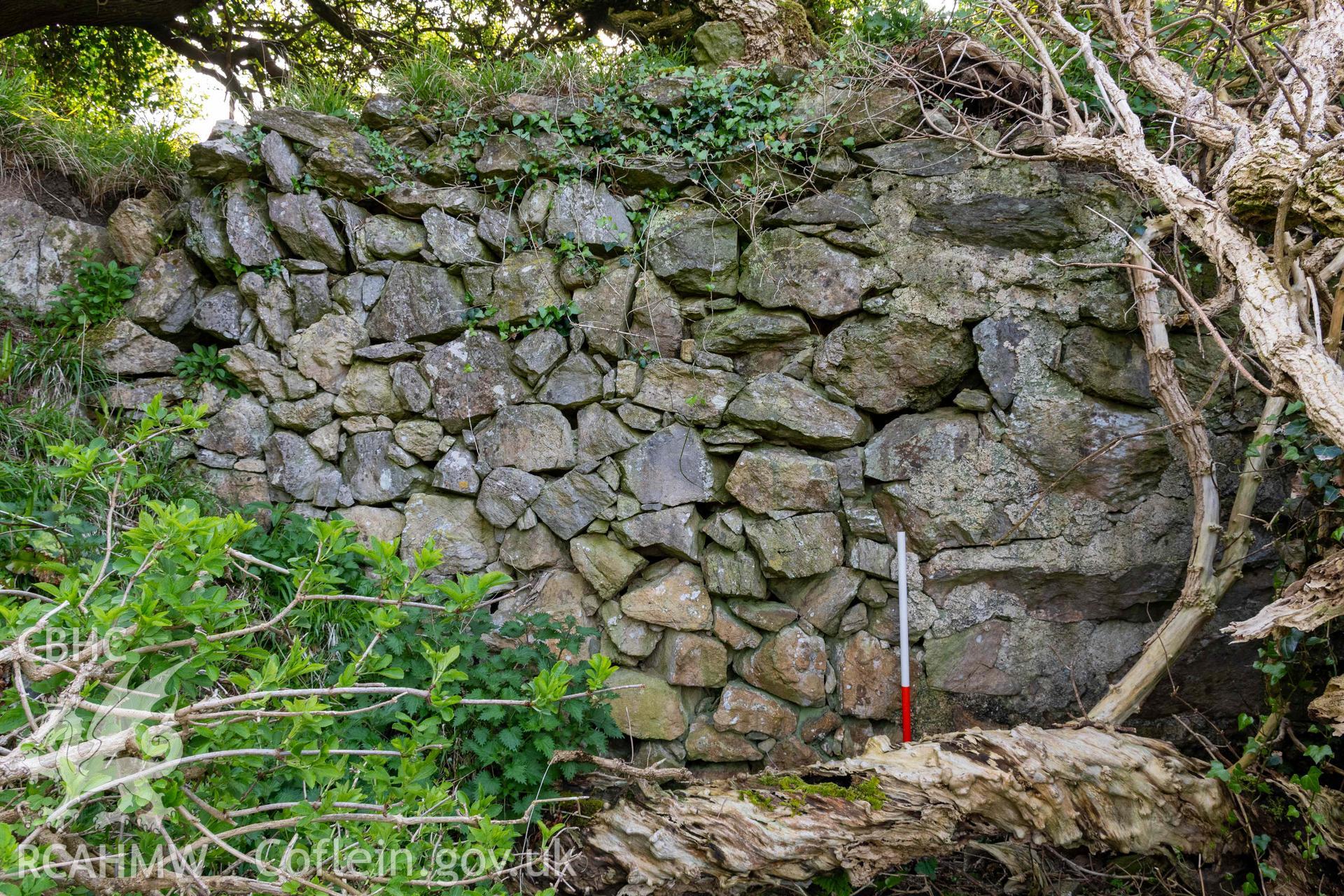 Lime Kiln, Porth y Castell. Retaining wall adjoining north side of kiln (with scale).