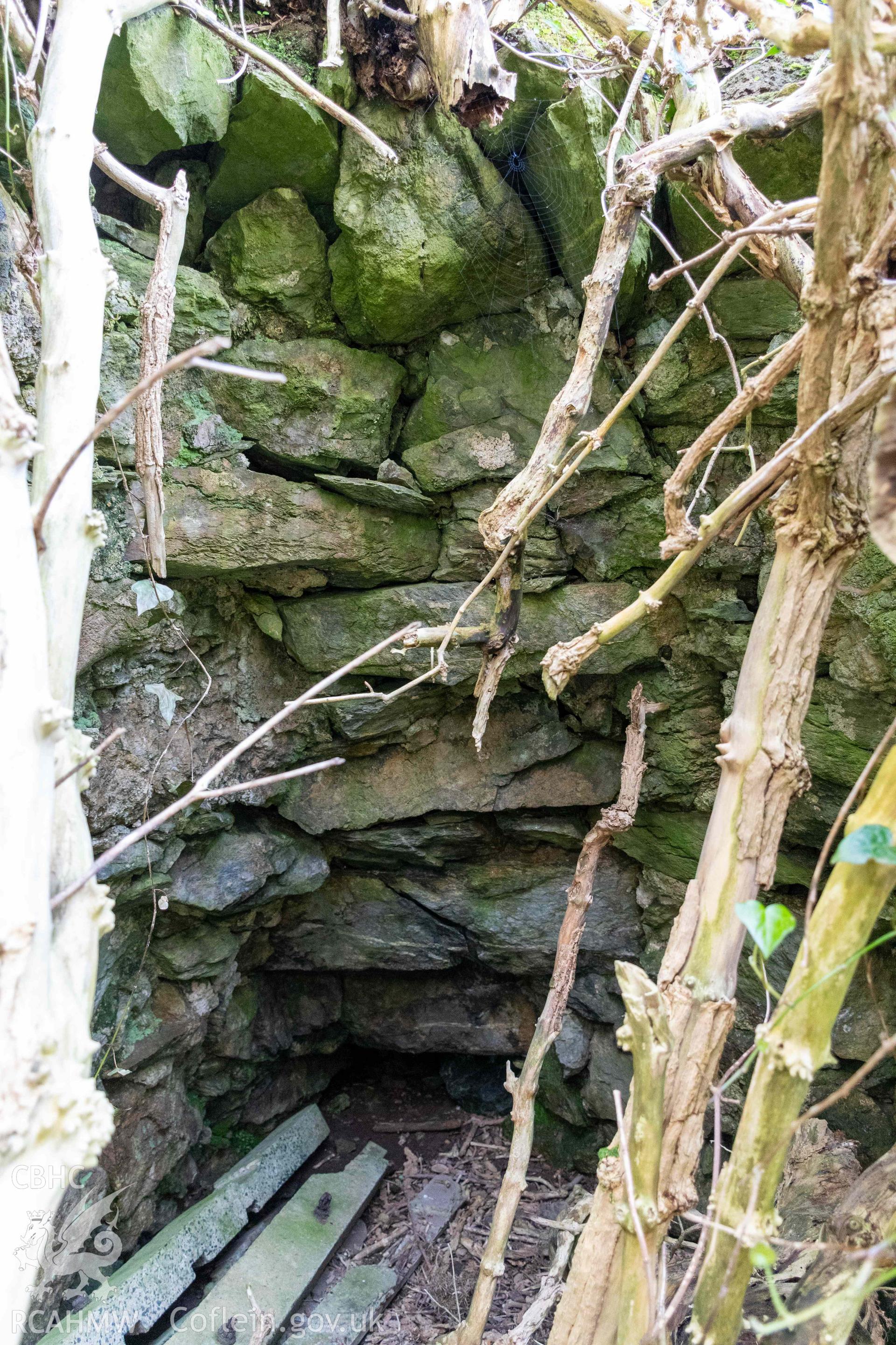 Lime Kiln, Porth y Castell. Kiln eye chamber and draw hole in north face.