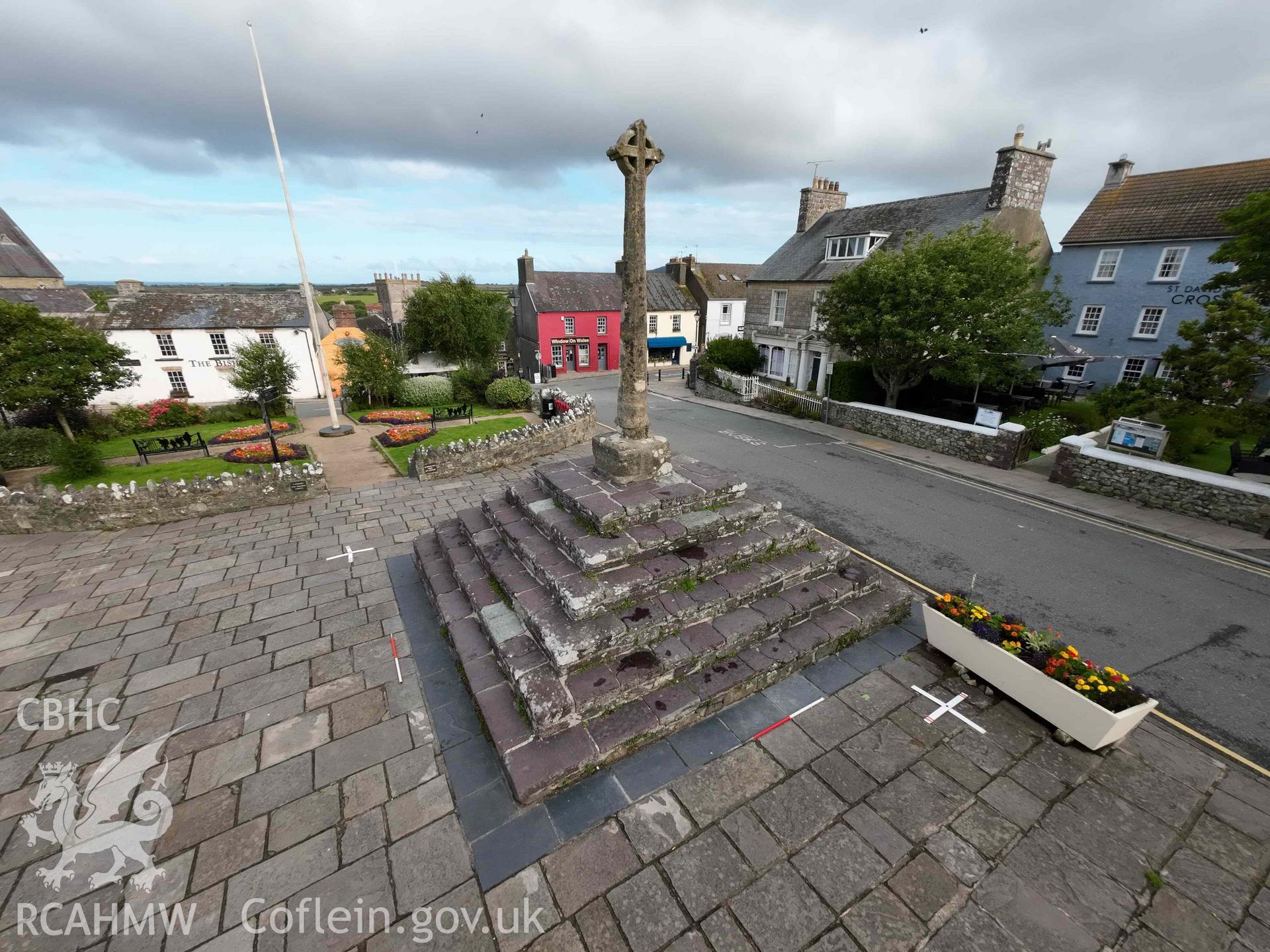 City Cross, St Davids. View looking north on 24/07/2023, scales are 1m.