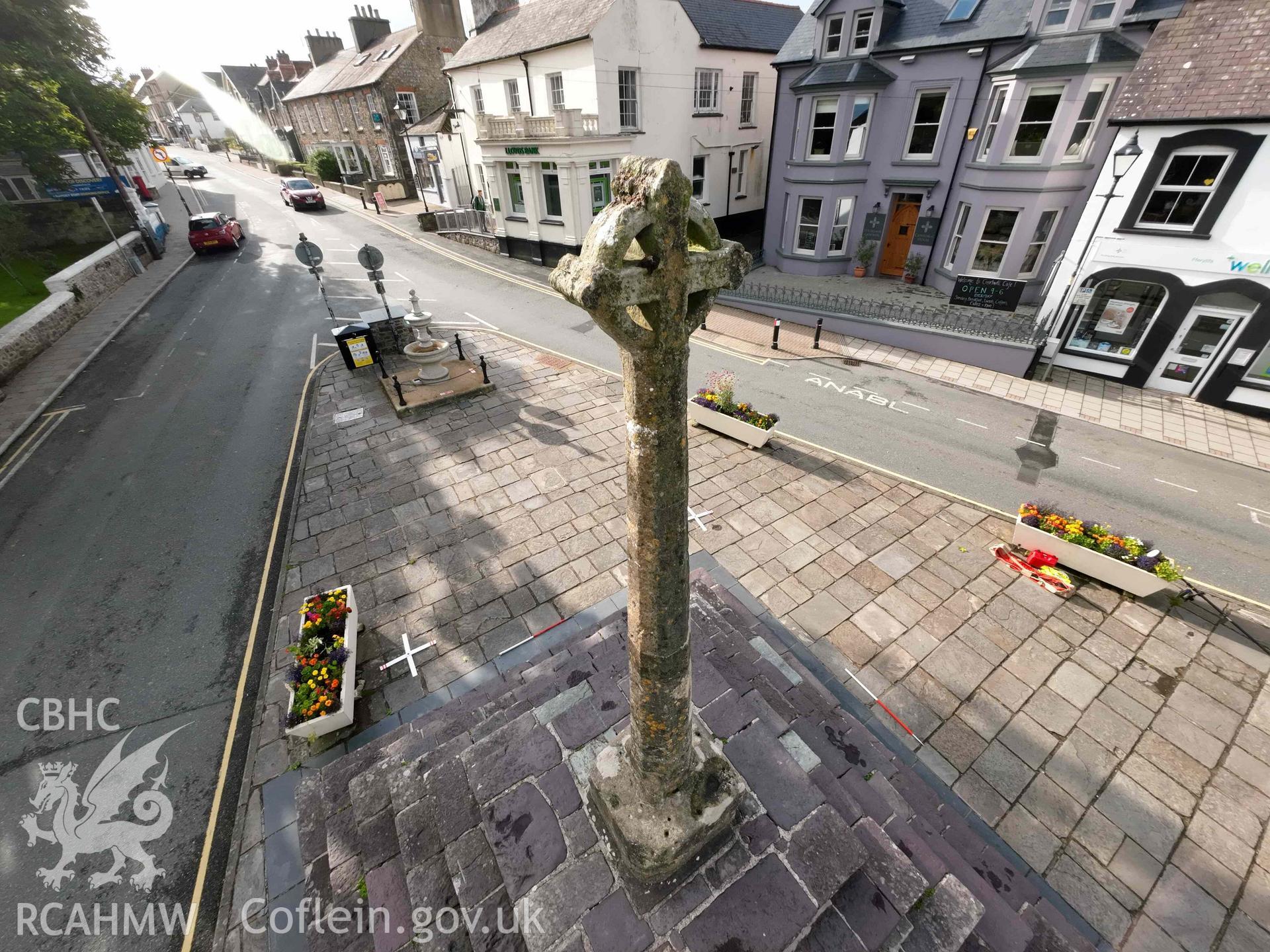 City Cross, St Davids. Elevated view looking south on 24/07/2023.