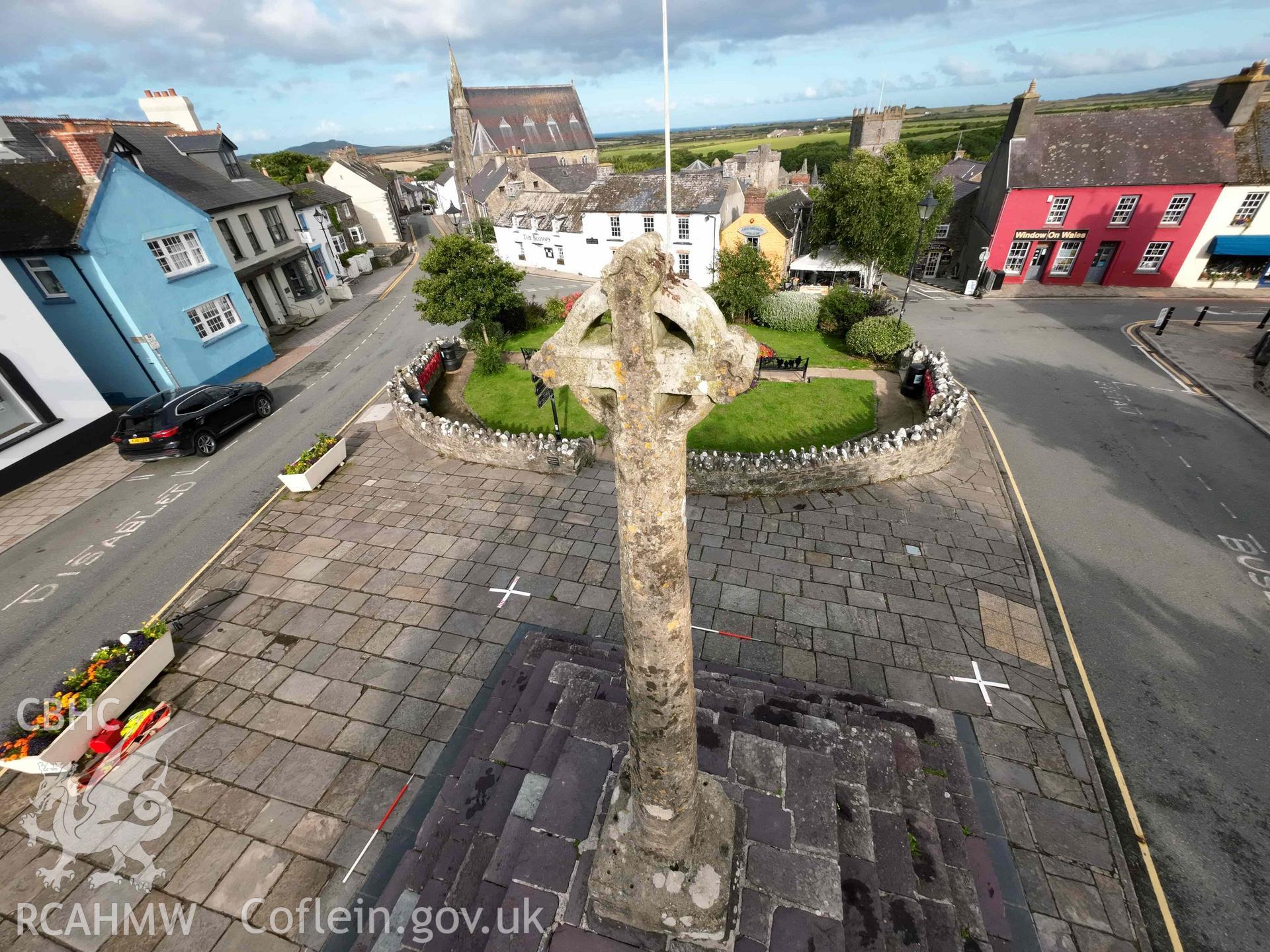 City Cross, St Davids, Elevated view looking northwest on 24/07/2023.