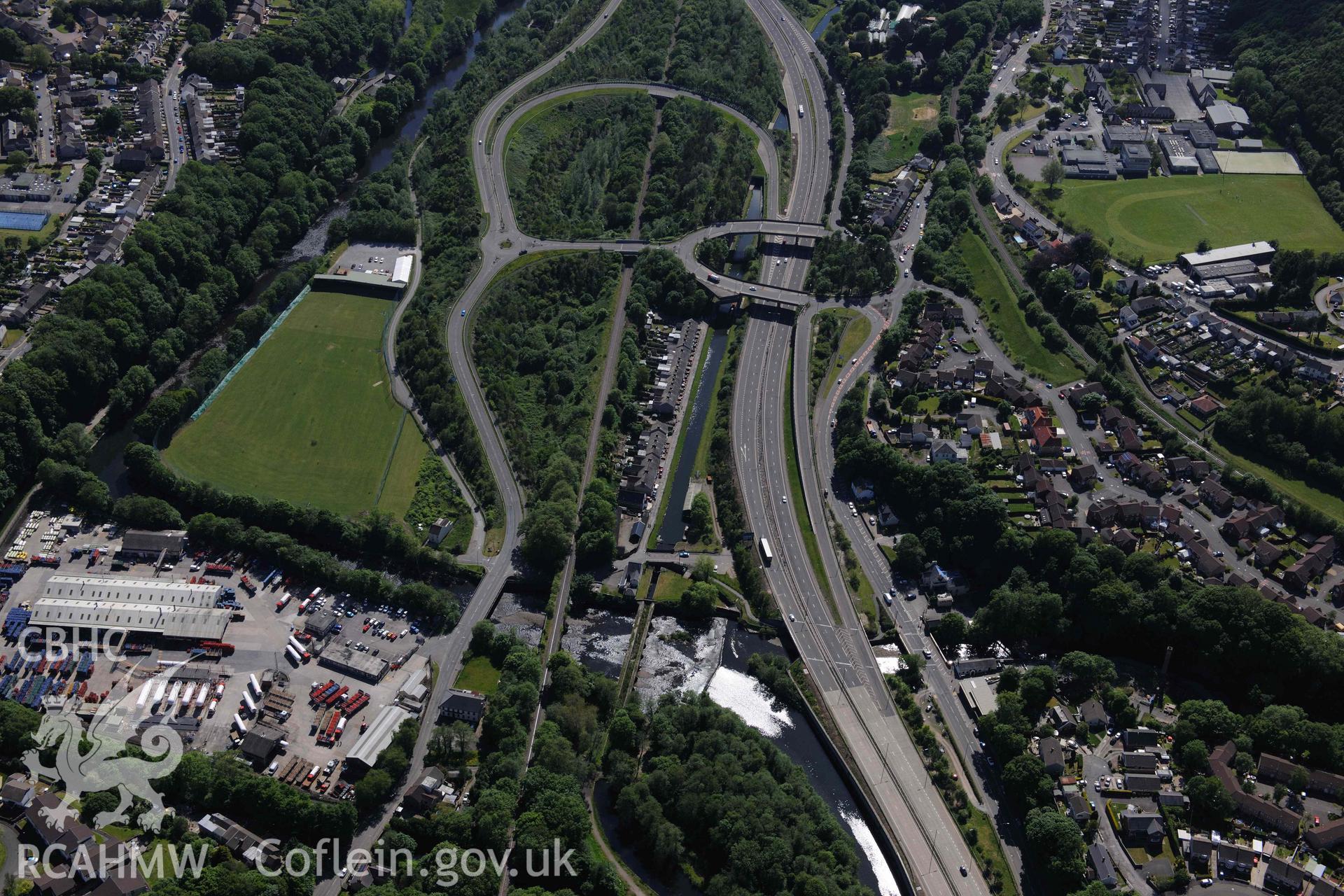 RCAHMW Colour Oblique Digital Aerial Photographs: Aberdulais aqueduct, and roads to west, high view from north-east