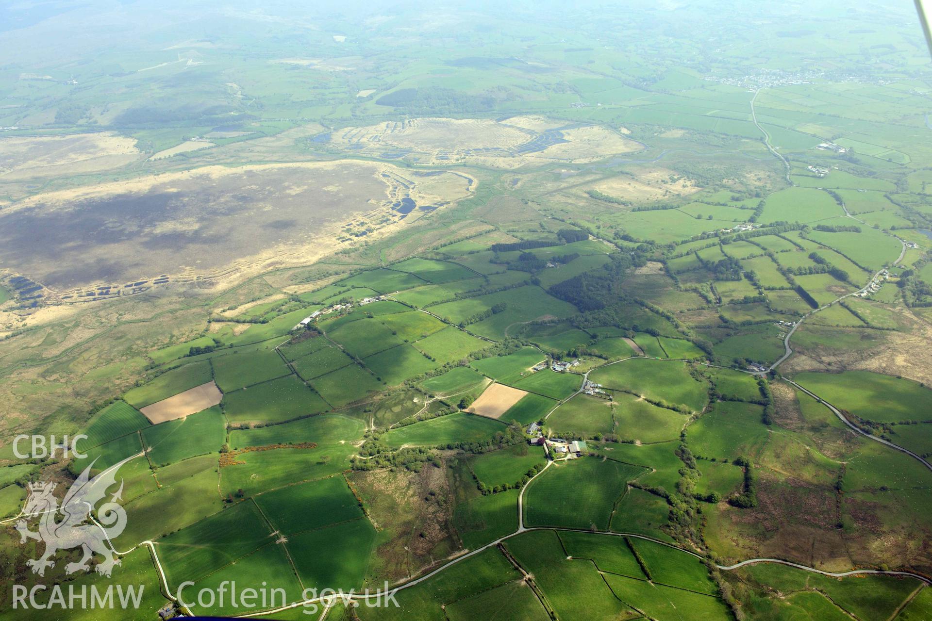 RCAHMW Colour Oblique Digital Aerial Photographs: Castell Llwyn Gwinau, site of, wide landscape from west with Cors Caron (NPRN 268116) beyond