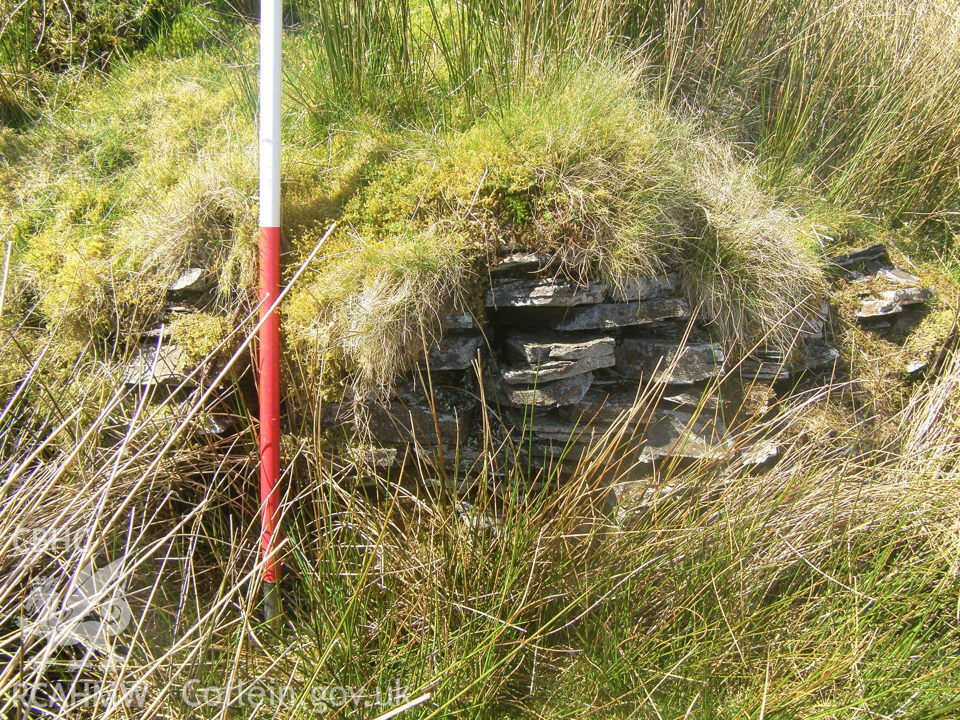 Mynydd Bach Bunker VI, view of stone revetting on the east side of the mound, facing west