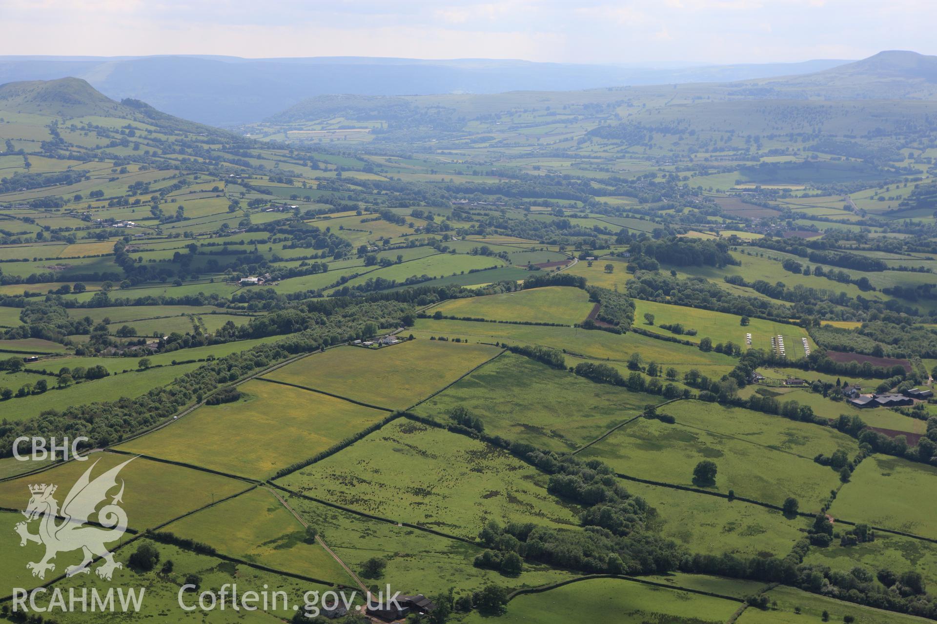 RCAHMW colour oblique aerial photograph of Campston Hill, near Llangattock Lingoed. Taken on 11 June 2009 by Toby Driver