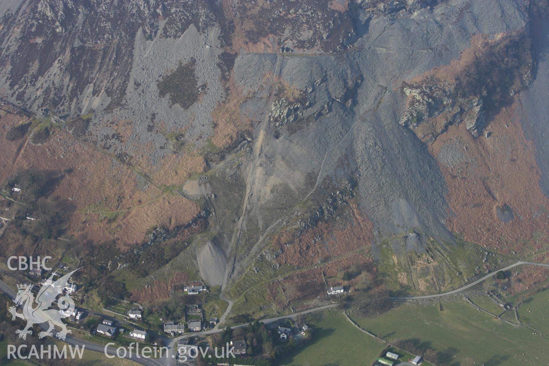 RCAHMW colour oblique photograph of Llangynog, with Craig Rhiwarth Slate quarry incline. Taken by Toby Driver on 18/03/2009.