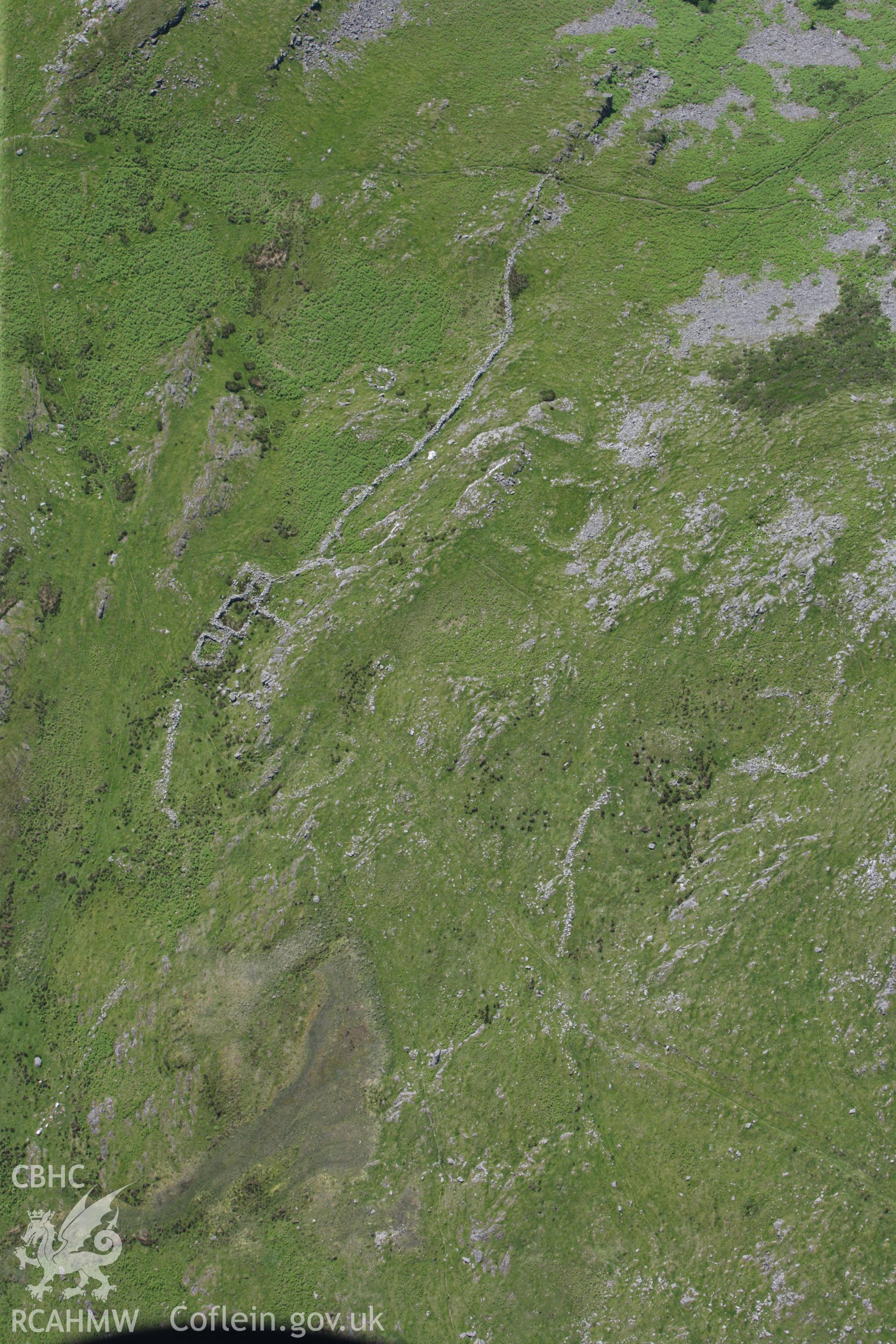 RCAHMW colour oblique aerial photograph of Craig Tyn y Cornel Medieval Settlement showing medieval longhuts to the south. Taken on 02 June 2009 by Toby Driver