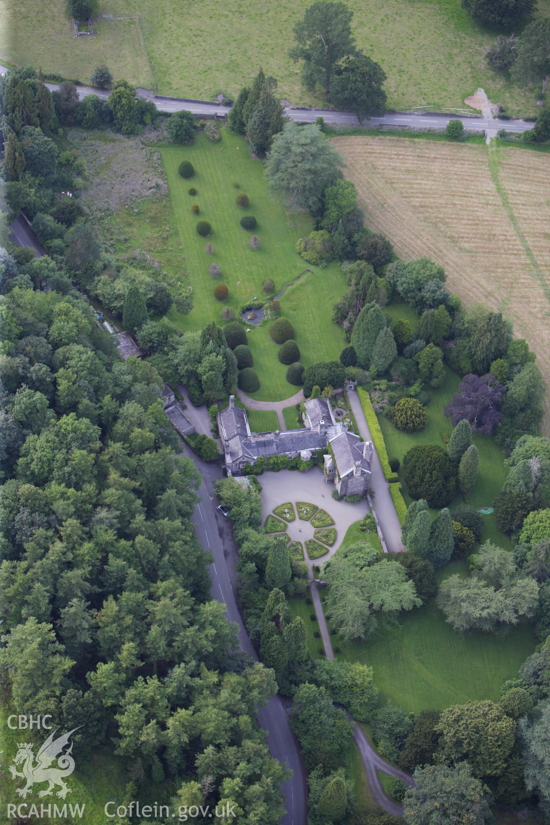 RCAHMW colour oblique aerial photograph of Gwydir Castle Garden, Llanrwst. Taken on 06 August 2009 by Toby Driver