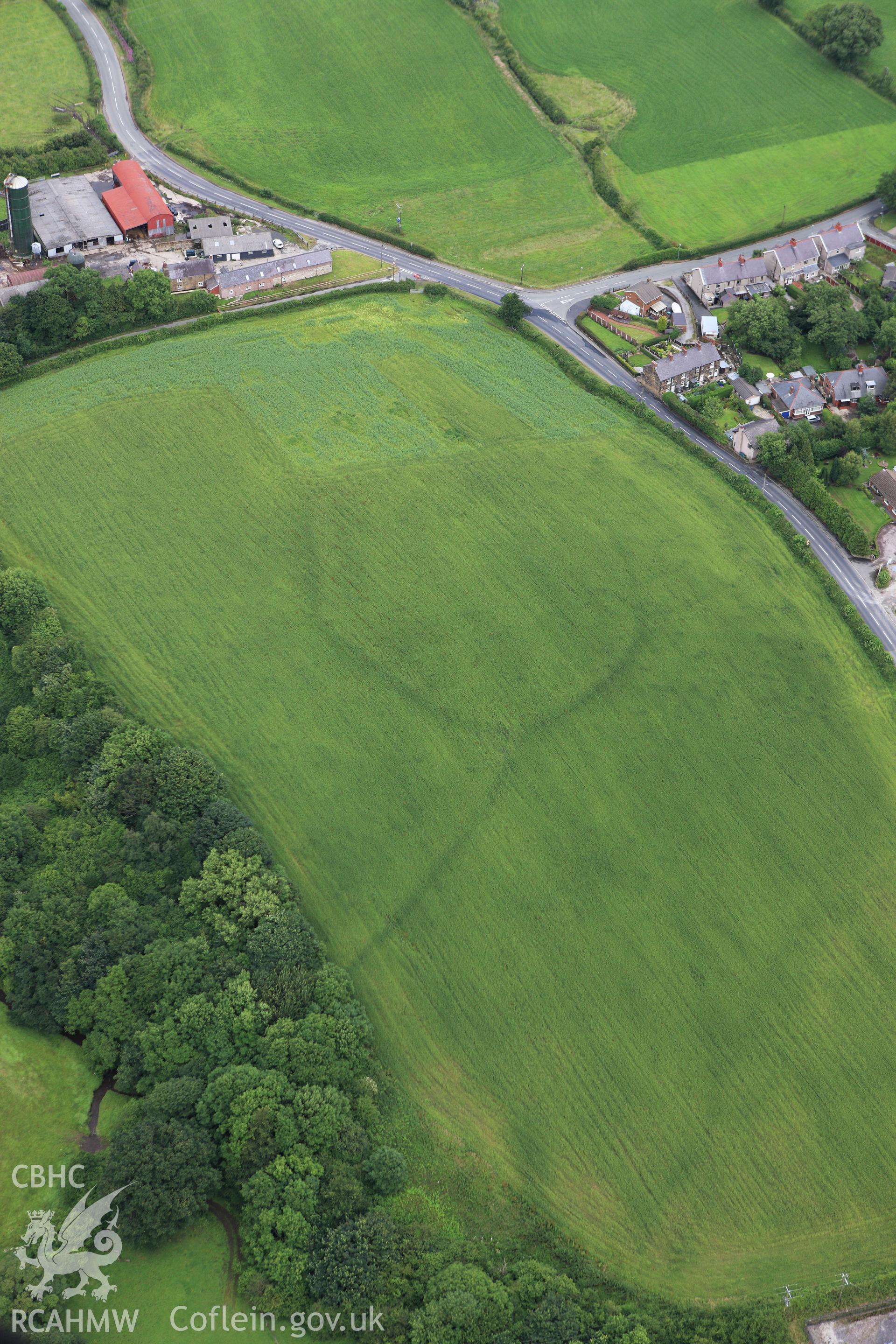 RCAHMW colour oblique aerial photograph of  cropmark enclosures at Llidiart Fanny Farm. Taken on 08 July 2009 by Toby Driver